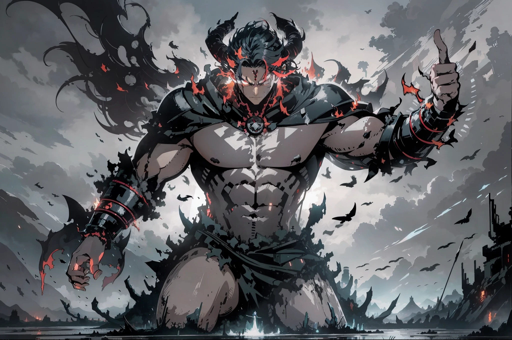 A taciturn anime warrior full of resentment, waged in a relentless battle against a formidable demon. The fighter exudes a palpable aura of animosity, his muscles rippling with each blow. They wear a dark, tattered cloak that ripples in the wind, accentuating their nimble movements. The demon is tall, with menacing horns and bright marks, reflecting its supernatural nature. The battlefield is an ancient mystical temple shrouded in a maelstrom of dark energy, with broken pillars and mystical symbols adorning the surroundings. This scene is conceived as a visually stunning 3D artwork with intricate character models and atmospheric lighting effects. --auto --s2