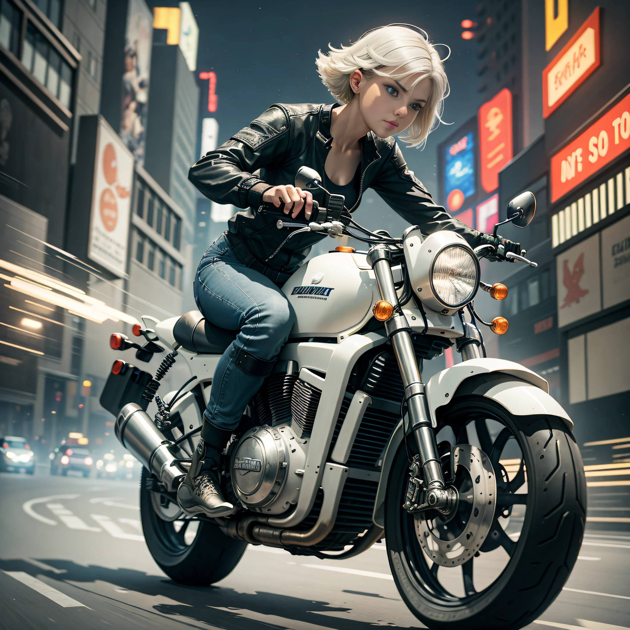 A girl riding a motorcycle in a high speed chase, cyber punk, colorful lights on motorcycle, blonde short bob, silver smile, wearing a white tank top:1.5 and damaged denim shorts:1.5, white basketball shoes, details face, detailed eyes, (blue eyes, double eyelids, long eyelashes), motion blur virtual effect, driving motor cycle fast down a city street at night, dramatic action scene, dark and tense, suspenseful, photo-realistic, dramatic lighting, cinematic, film grain, 4k resolution, masterpiece, high resolution