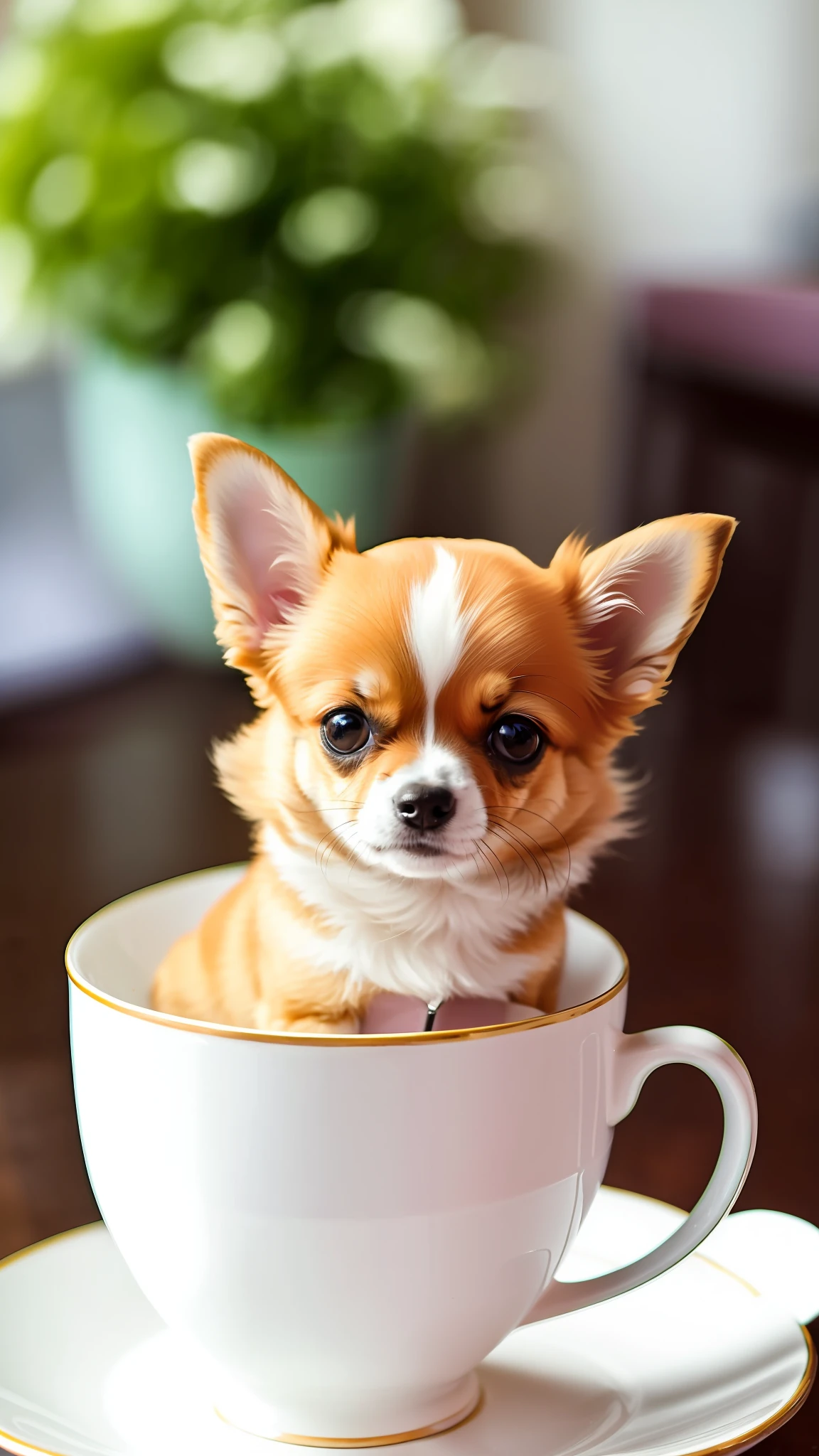 araffe puppy sitting in a cup on a saucer, cute dog, cute animal, chihuahua, small dog, portrait shot, by Bernardino Mei, shutterstock, kawaii cute dog, long - haired chihuahua, cute adorable, beautiful and cute, cutest, is ((drinking a cup of tea)), cute creature, closeup of an adorable, cute and adorable, cute corgi