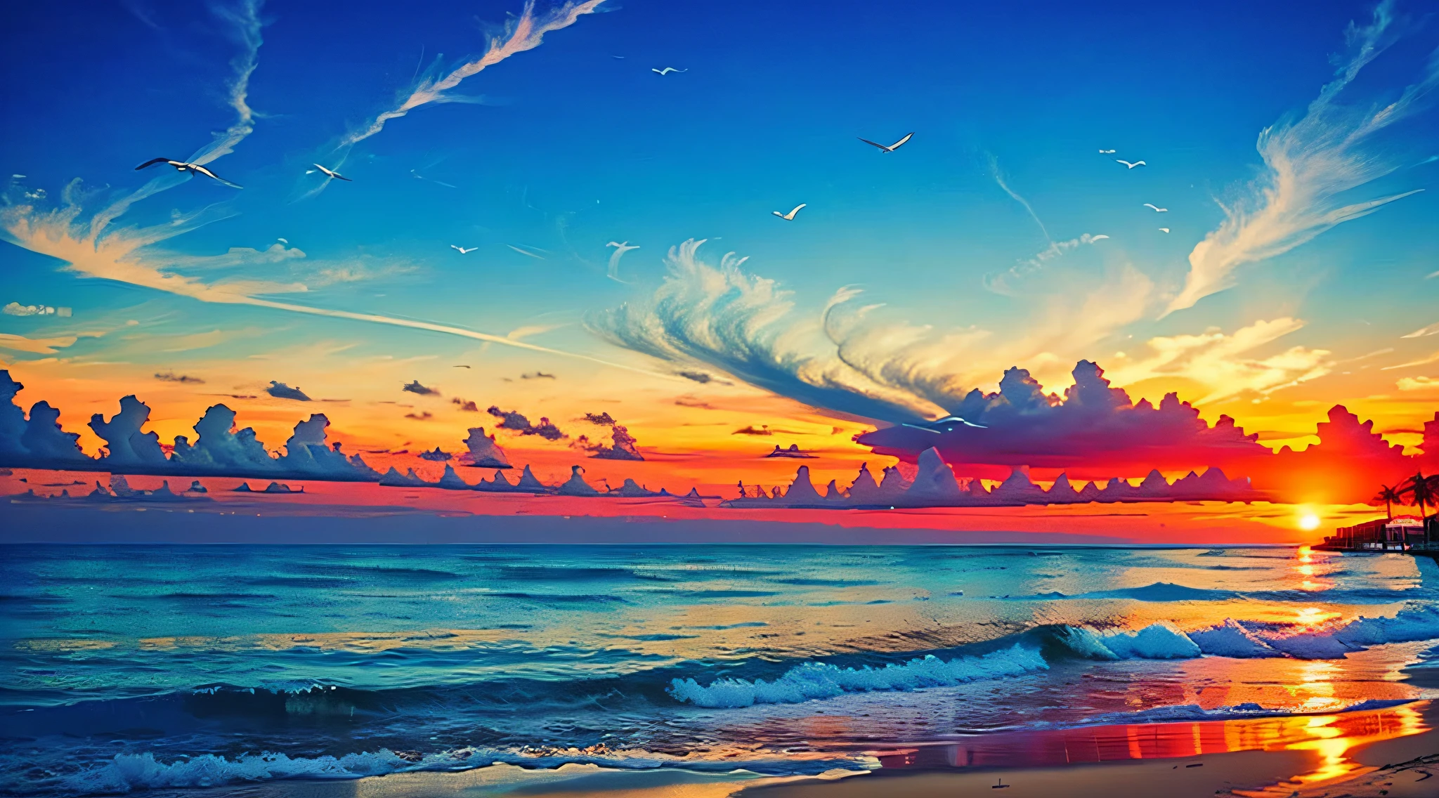 An absolutely mesmerizing sunset over the beach, with a blend of oranges, pinks, and yellows filling the sky. Crystal-clear waters of the sea gently kissing the shore, with sandy white beach stretching far and wide. The scene is dynamic and breathtaking, with seagulls soaring high in the sky and gently swaying palm trees. Take in the calming atmosphere and let the peacefulness wash over you.