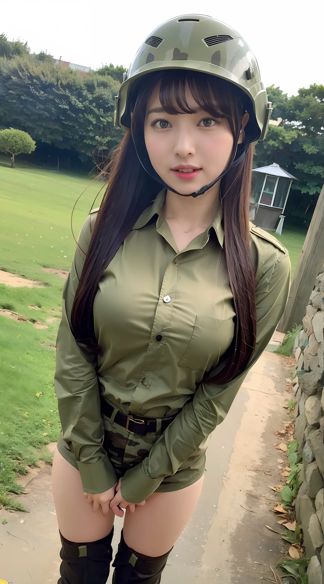 khaki blouse, beauty, knee-high boots, camouflage helmet, AV shooting, huge, vibrator masturbation,