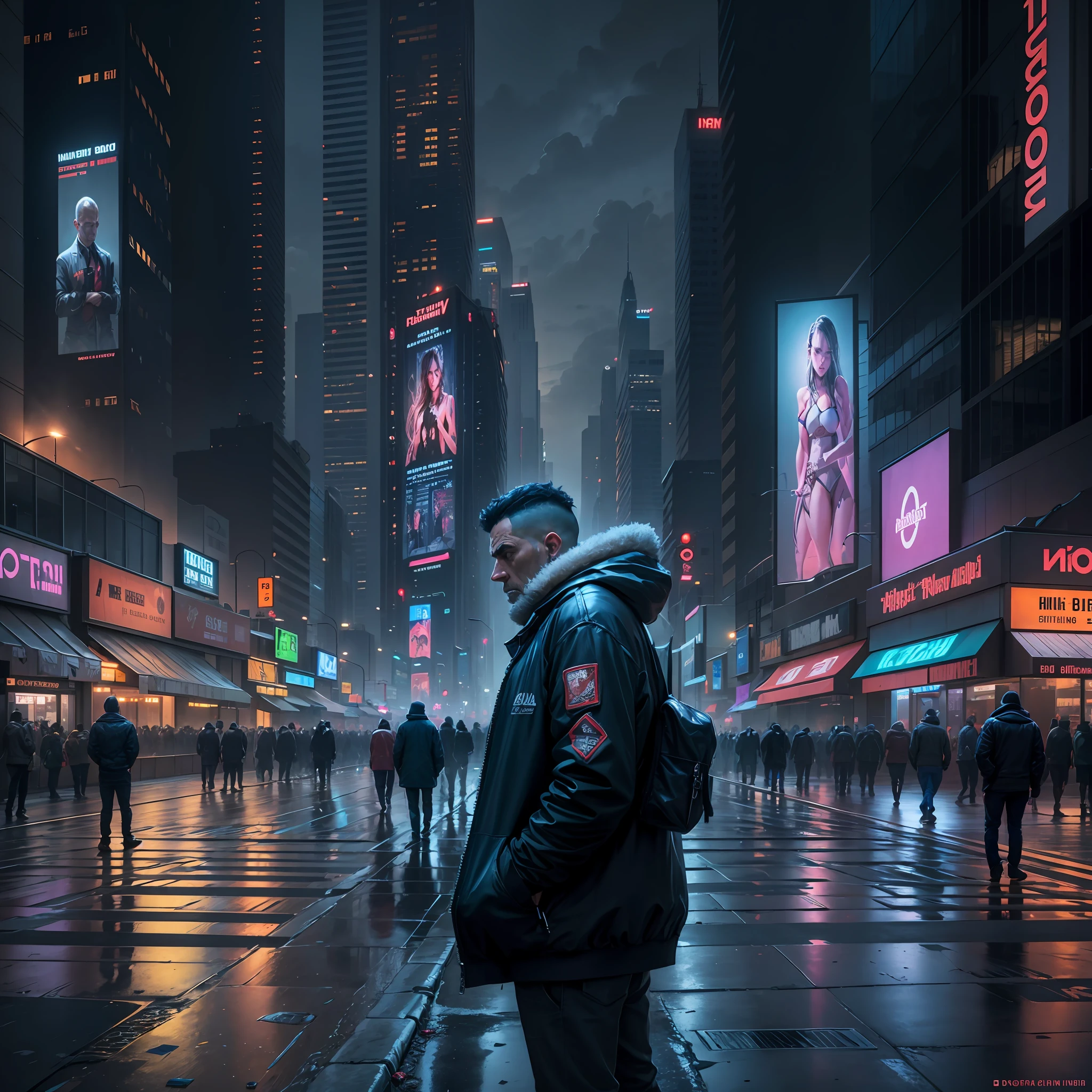 A lonely man, in a nocturnal environment in a big city, with illuminated skyscrapers and busy streets. The main street is surrounded by bright billboards displaying pornographic content, while people rush past, showing expressions of addiction and disorientation. The atmosphere is gloomy and melancholy, with a sense of decay and isolation.