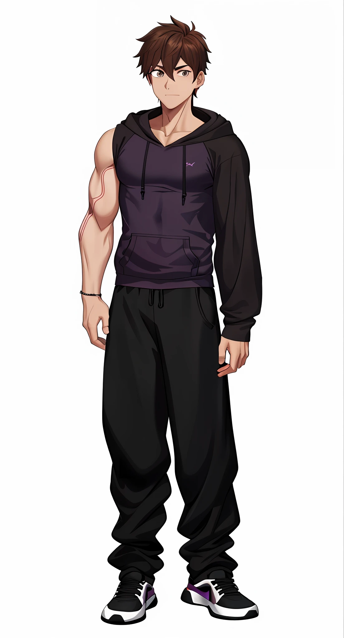 a cartoon of a fit young-adult male, concept art inspired by Alfred Freddy Krupa, deviantart contest winner, conceptual art, full body concept, full body, single character, fullbody shot, full body picture, full body character, cel - shaded art style, full body single character, full body, wavy brown hair with dark purple highlights, black unzipped sleeveless hoodie, grey hoodie sleeve on left arm wrapped in crimson, black fingerless glove on left hand, black tank top, glowing purple veins, black jeans, spiked black sneakers