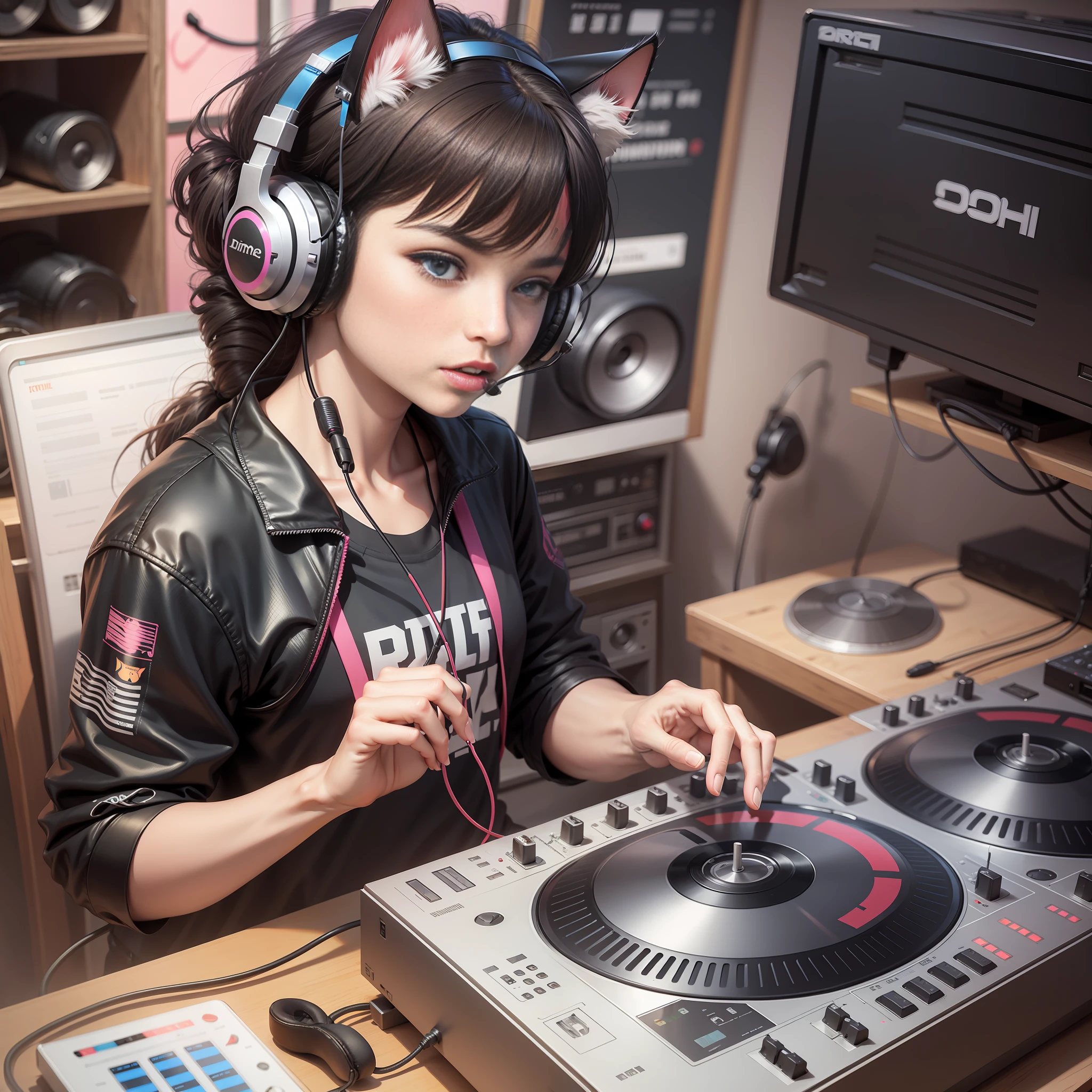 Feline cat DJ, playing music, headset