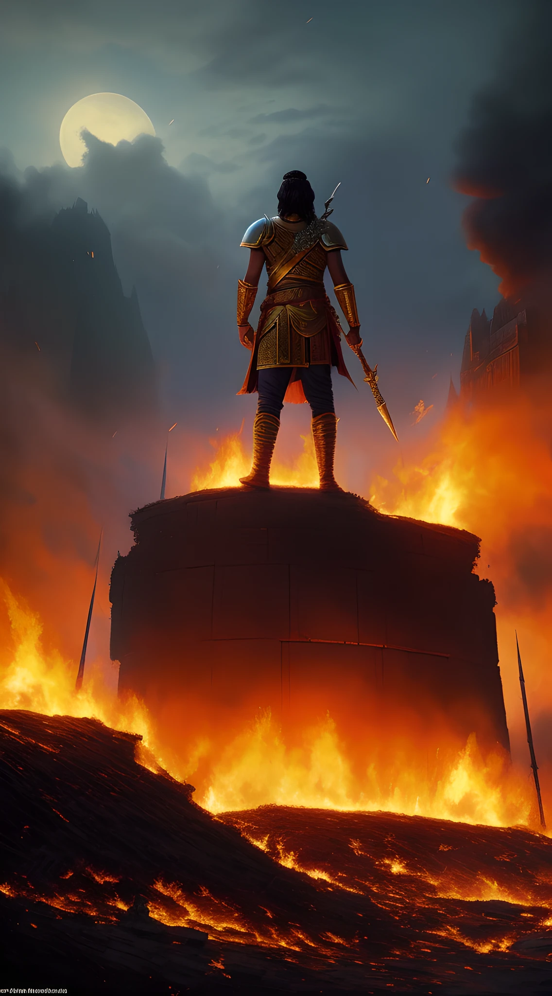 (masterpiece, best quality, CGI, official art:1.2), Ashoka the Great, royal garb, (haunted gaze:1.2), overlooking the ravages of the Kalinga War, (burnt battlegrounds, fallen soldiers:1.4), poignant atmosphere, fiery twilight, Greg Rutkowski style.
