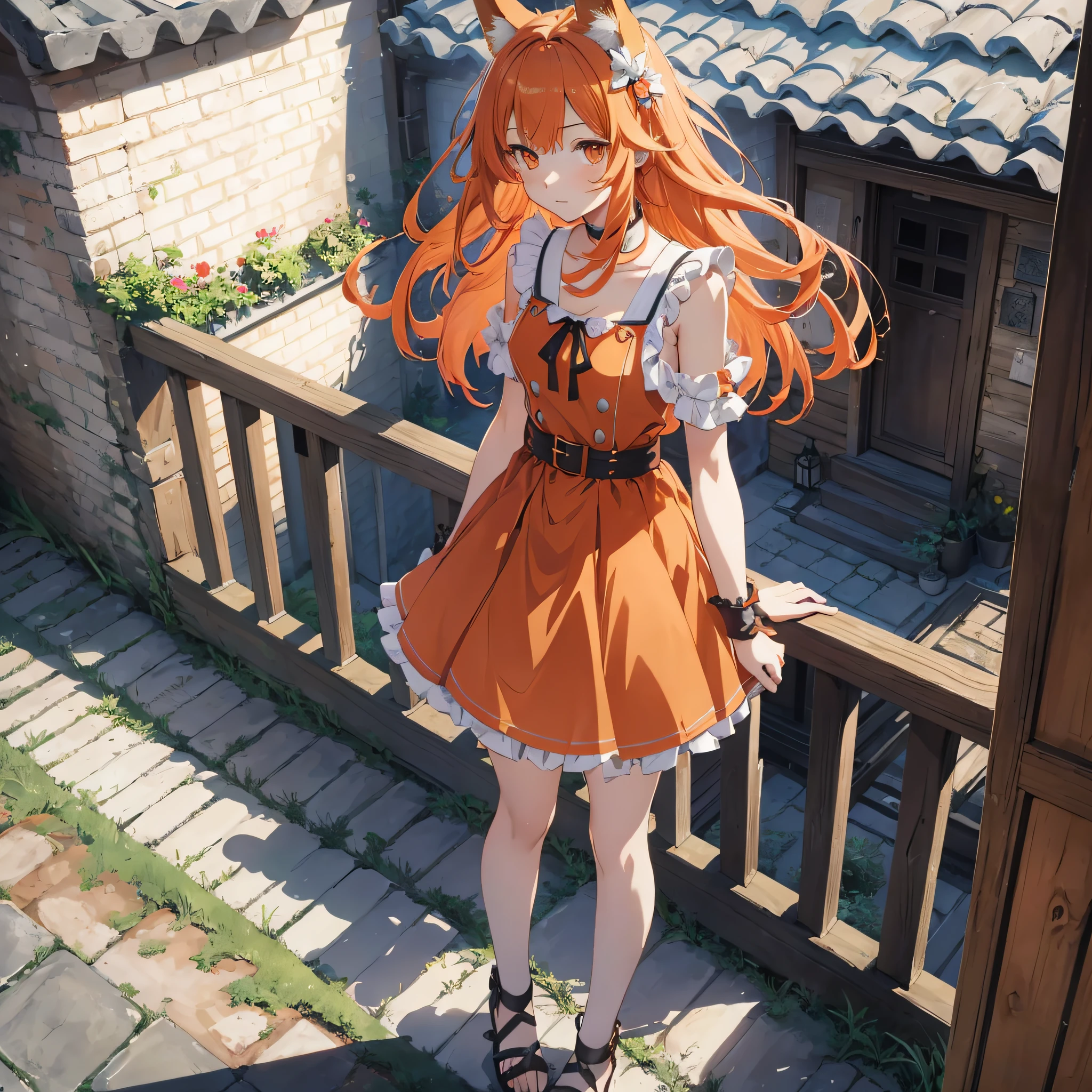 Absurd, masterpiece, high quality, highly detailed, 1girl, lifeland, fox girl, orange hair, short dress, standing, shoulders exposed, legs crossed, arms to shoulders, backyard, balcony, manga style --auto --s2