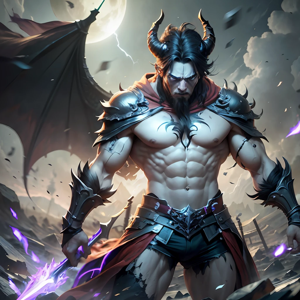 A taciturn anime warrior full of resentment, waged in a relentless battle against a formidable demon. The fighter exudes a palpable aura of animosity, his muscles rippling with each blow. They wear a dark, tattered cloak that ripples in the wind, accentuating their nimble movements. The demon is tall, with menacing horns and bright marks, reflecting its supernatural nature. The battlefield is an ancient mystical temple shrouded in a maelstrom of dark energy, with broken pillars and mystical symbols adorning the surroundings. This scene is conceived as a visually stunning 3D artwork with intricate character models and atmospheric lighting effects. --auto --s2