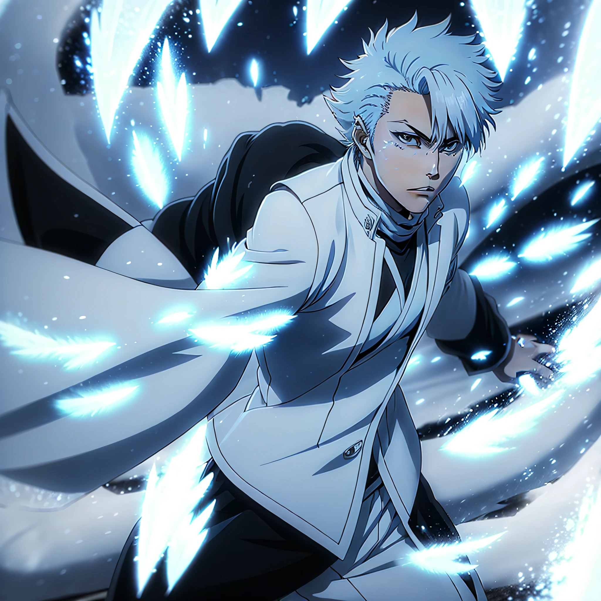 Anime style character BLEACH, Quincy Character's Race, white military clothes, character wearing clothes of a Quincy, blue energy around the body, bluish bird feathers made of energy falling around the character, white hair with bluish tip, fringe-shaped hair style, stylish bangs.