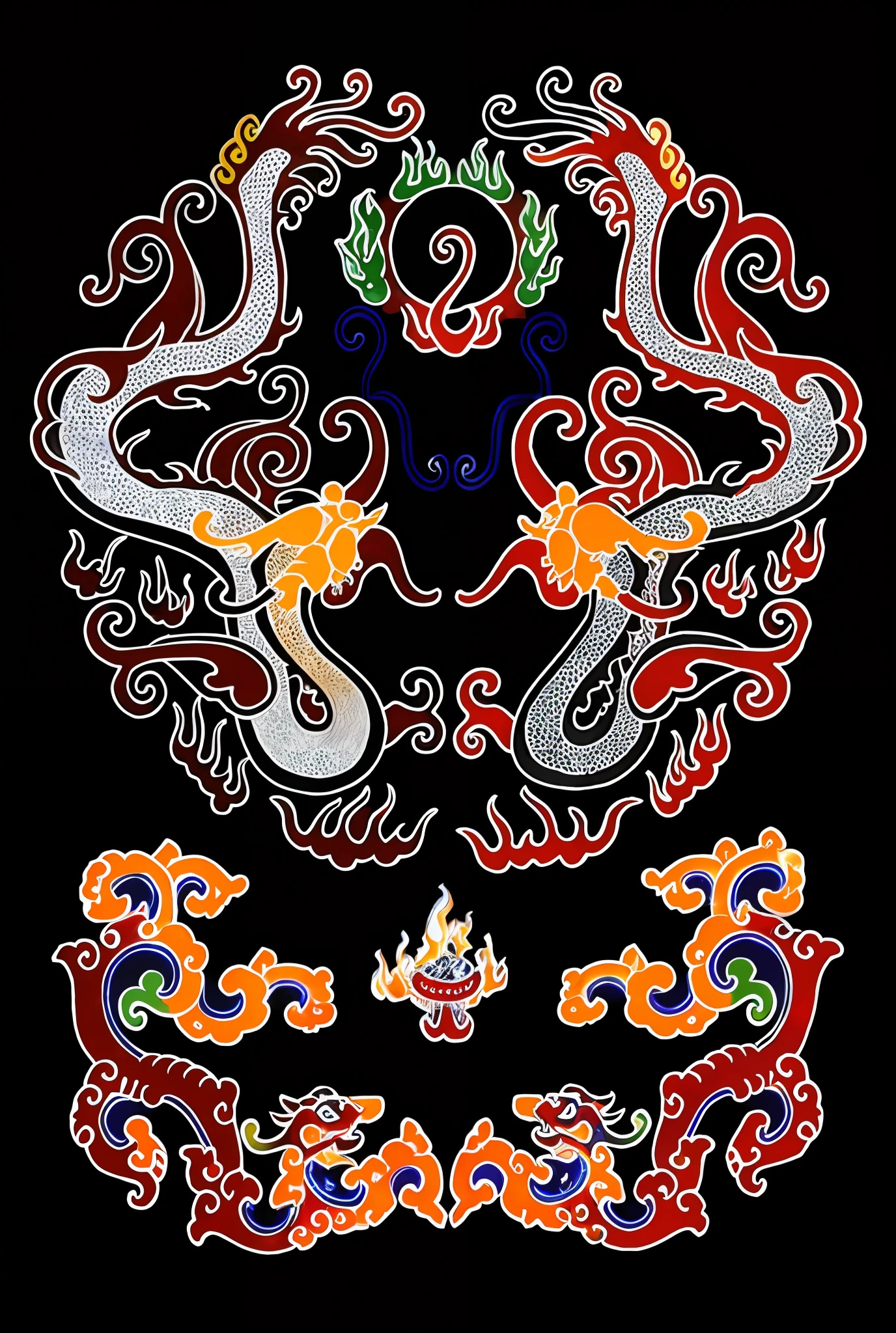 Close-up of dragons and dragons on fire clouds, flames, dragon balls, inspired by Katsushika Oi, inspired by Tanahara Tani Soda, inspired by Hidebun Tensho, bright colors,