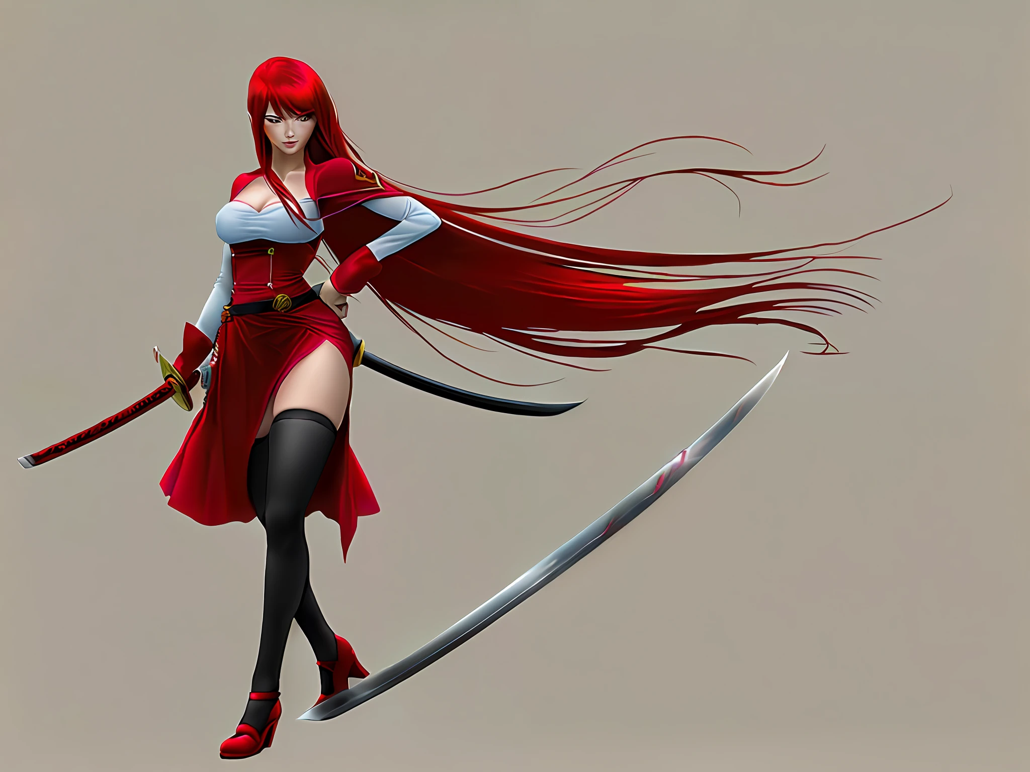 there is a drawing of a woman (Erza Scarlet) with a sword and a red dress, colorful drawing, colorful drawing, unsheathing her katana, inspired by Kusumi Morikage, an anime cartoon, she is holding a katana sword, fiery coloring, scarlet erza as a real person, inspired by Fairy Tail