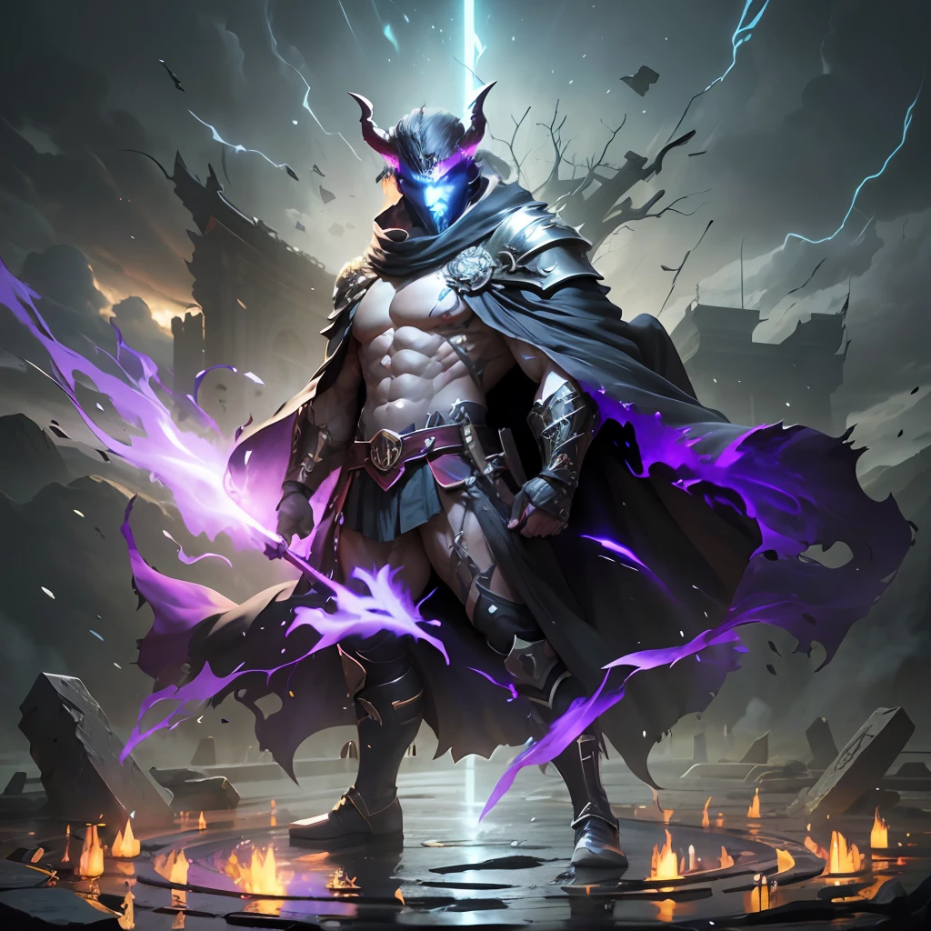 A taciturn anime warrior full of resentment, waged in a relentless battle against a formidable demon. The fighter exudes a palpable aura of animosity, his muscles rippling with each blow. They wear a dark, tattered cloak that ripples in the wind, accentuating their nimble movements. The demon is tall, with menacing horns and bright marks, reflecting its supernatural nature. The battlefield is an ancient mystical temple shrouded in a maelstrom of dark energy, with broken pillars and mystical symbols adorning the surroundings. This scene is conceived as a visually stunning 3D artwork with intricate character models and atmospheric lighting effects. --auto --s2