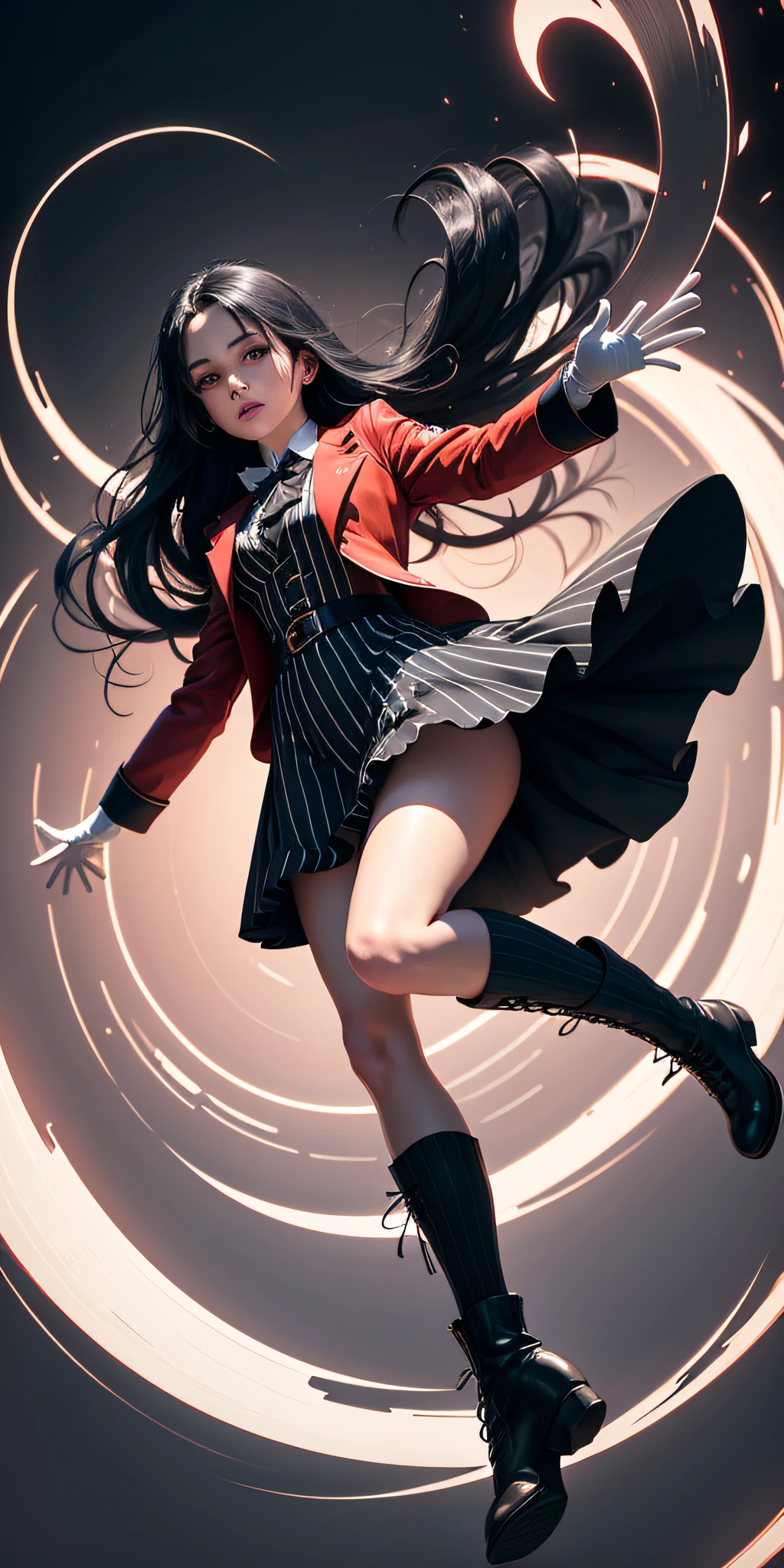 a Witch, full body, beautiful, long black hair, striped socks, black and white socks, short boot, red dress and jacket, long white gloves, floating in the air, from below, energy night