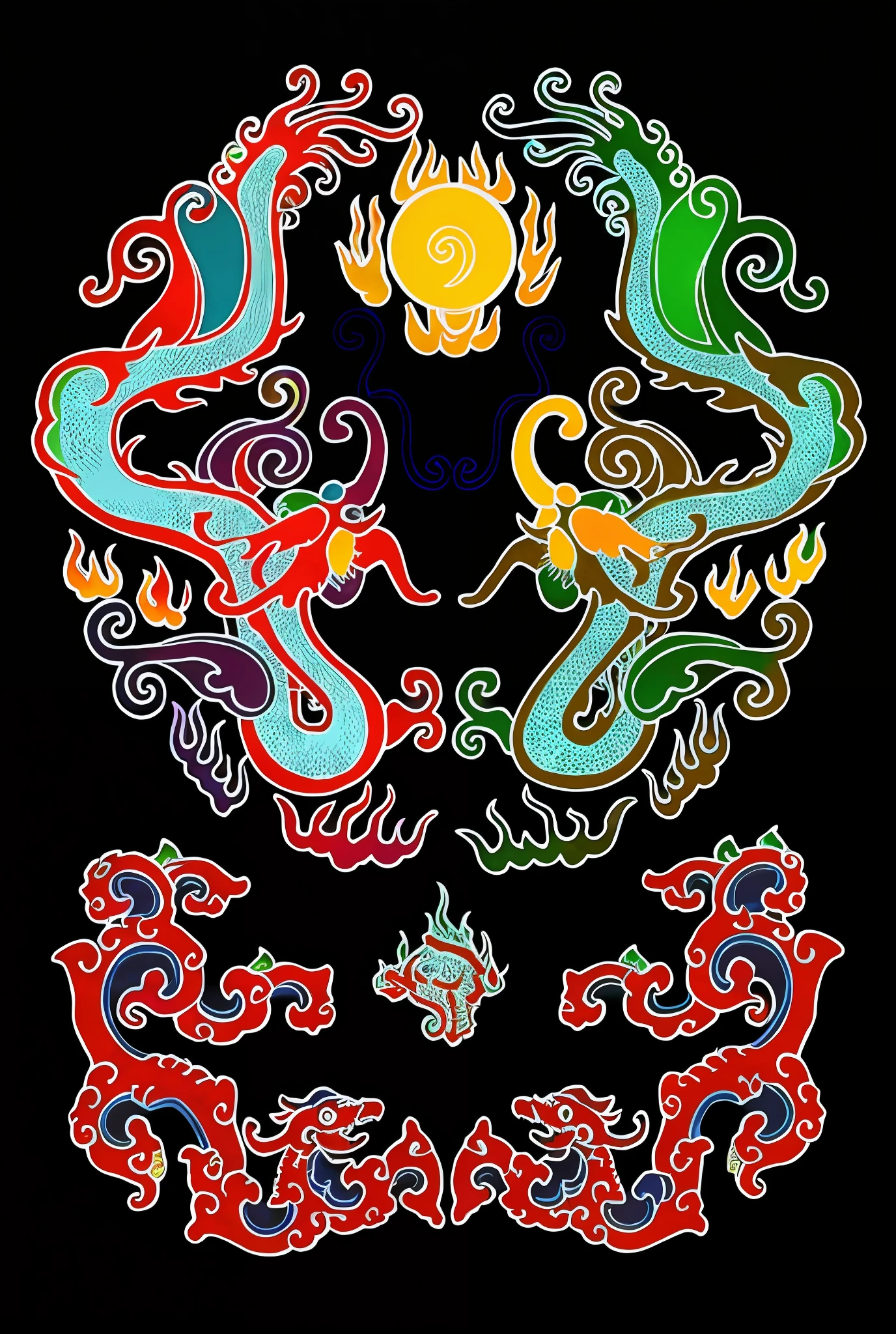 Close-up of dragons and dragons on fire clouds, flames, dragon balls, inspired by Katsushika Oi, inspired by Tanahara Tani Soda, inspired by Hidebun Tensho, bright colors,