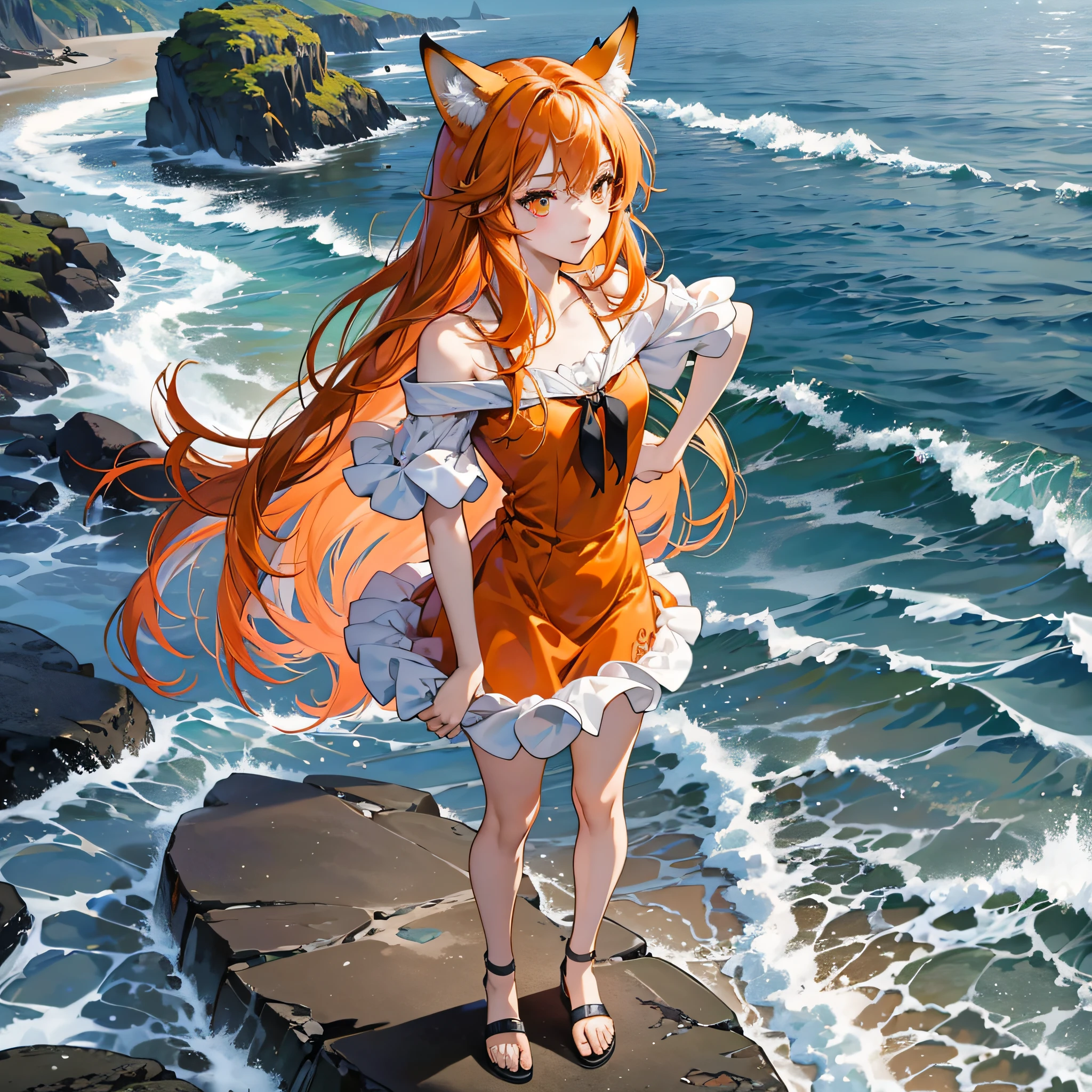 Absurd, masterpiece, high quality, highly detailed, 1girl, lifeland, fox girl, orange hair, short dress, standing, shoulders exposed, legs crossed, arms to shoulders, beach, sea, manga style --auto --s2