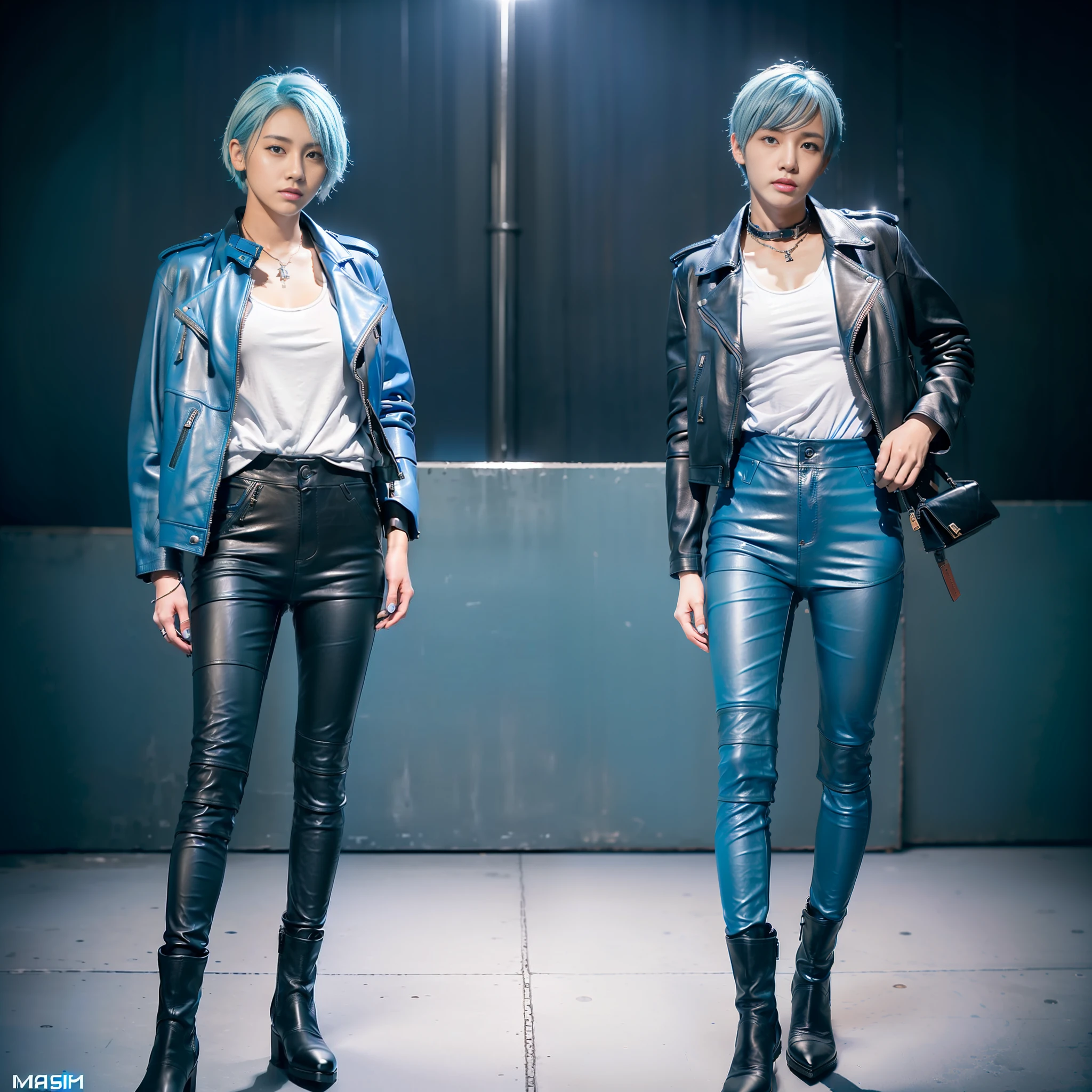 (((Masterpiece)))), (((Highest Quality)))), ((Realistic)), ((8K)), (Japan Female), 18 years old, (Boyish)), ((Tall Teach)), (Big)))), Looking at the camera, (Full body), (All Light Blue)))), (Light Blue Hair))), (Short Cut), (Riders Jacket)), (((Leather Pants)), (Leather Boots)