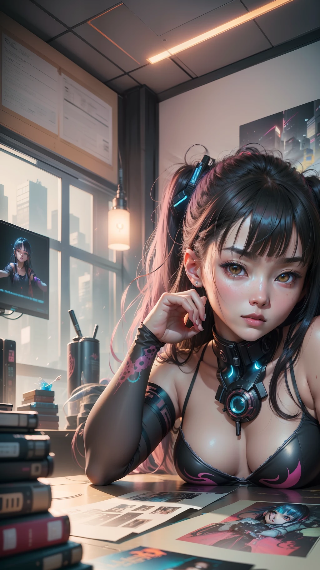 Beautiful hyperrealistic photograph of cute asian cyberpunk girl, lying on bed, wearing cyberpunk clothes, cluttered Blade Runner apartment, concept art, By Brian Froud and Carne Griffiths and Wadim Kashin and John William Waterhouse, intricate detail, 8k post-production, High resolution, super Detail, trending on ArtStation, sharp focus, studio photos, intricate detail