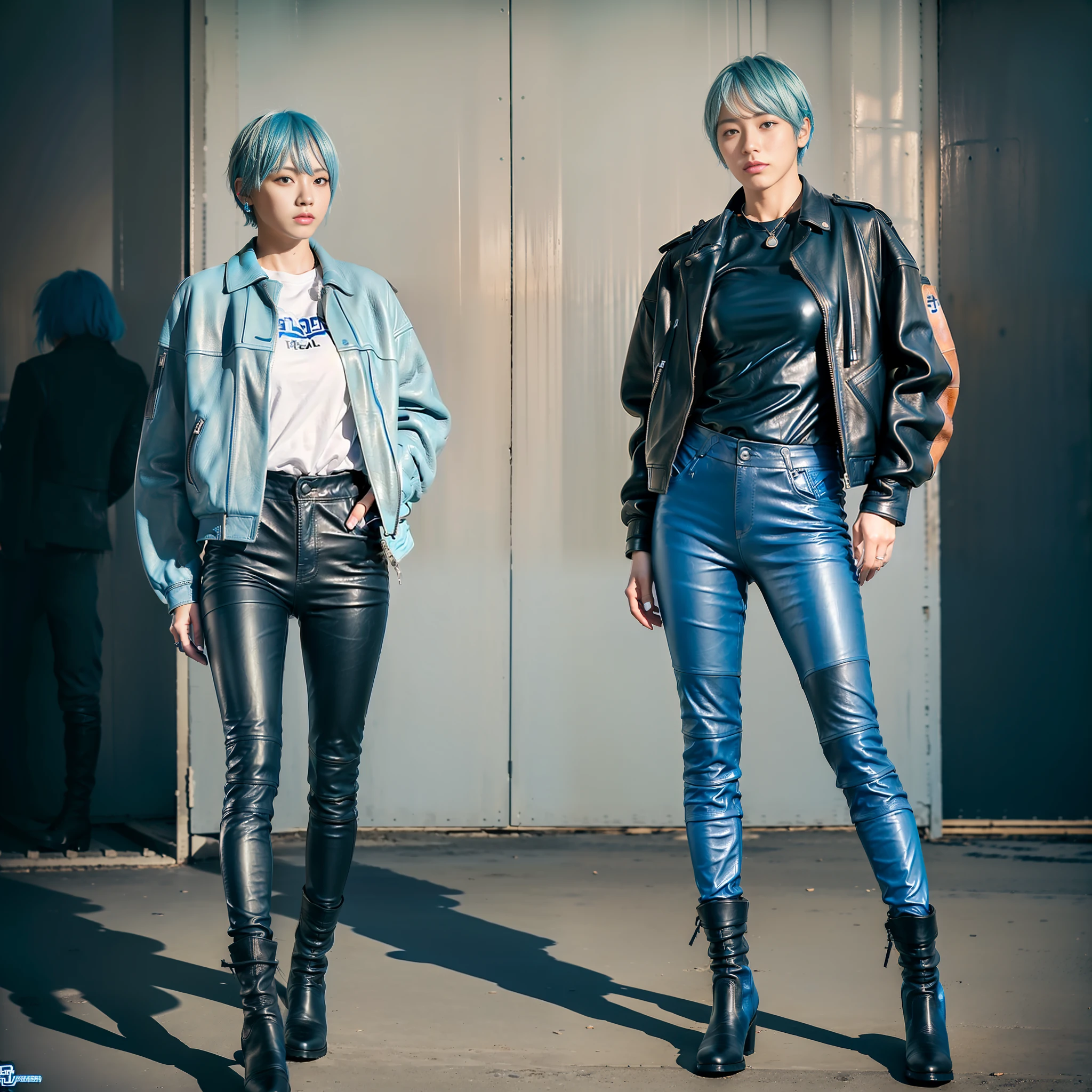 (((Masterpiece)))), (((Highest Quality)))), ((Realistic)), ((8K)), (Japan Female), 18 years old, (Boyish)), ((Tall Teach)), (Big)))), Looking at the camera, (Full body), (All Light Blue)))), (Light Blue Hair))), (Short Cut), (Riders Jacket)), (((Leather Pants)), (Leather Boots)