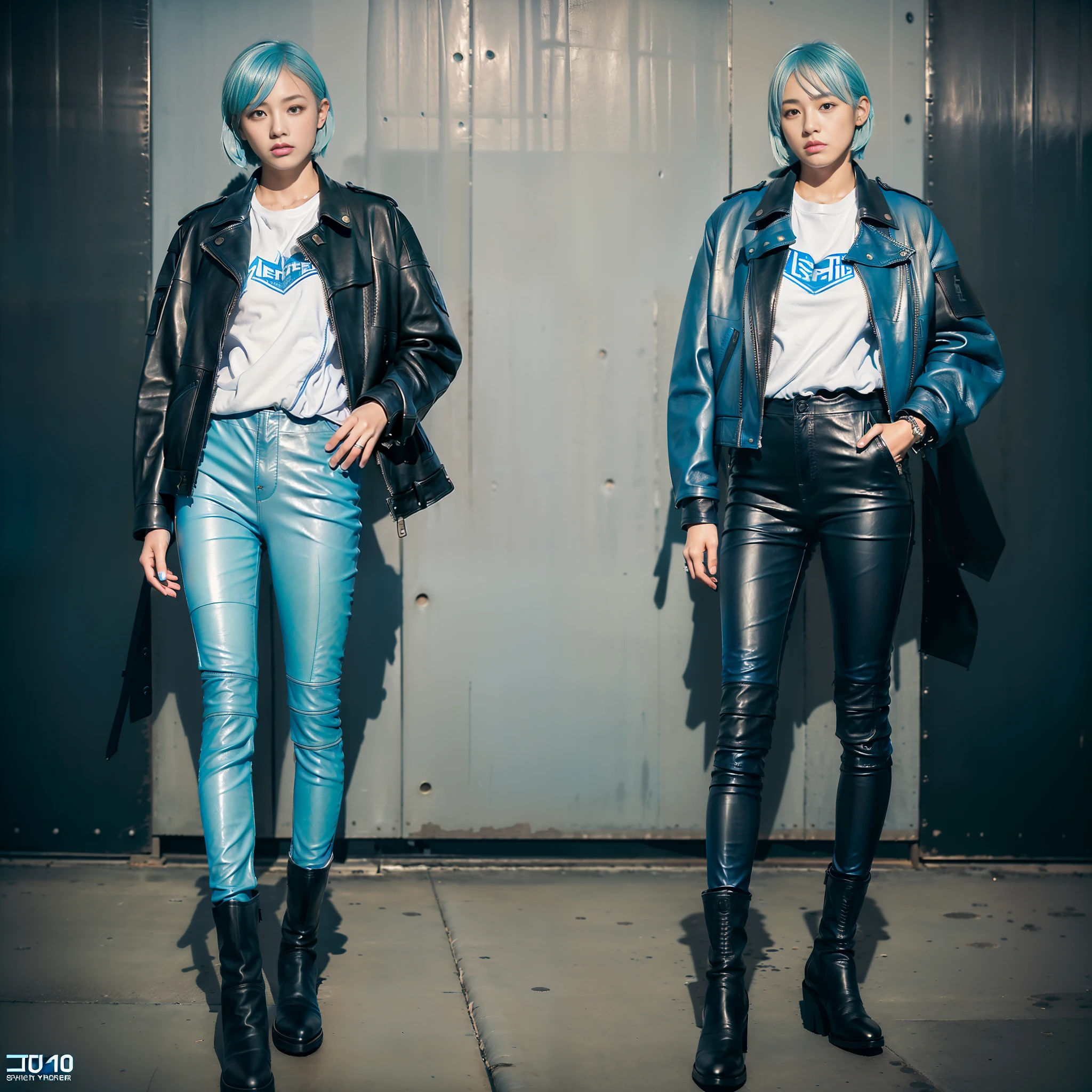 (((Masterpiece)))), (((Highest Quality)))), ((Realistic)), ((8K)), (Japan Female), 18 years old, (Boyish)), ((Tall Teach)), (Big)))), Looking at the camera, (Full body), (All Light Blue)))), (Light Blue Hair))), (Short Cut), (Riders Jacket)), (((Leather Pants)), (Leather Boots)