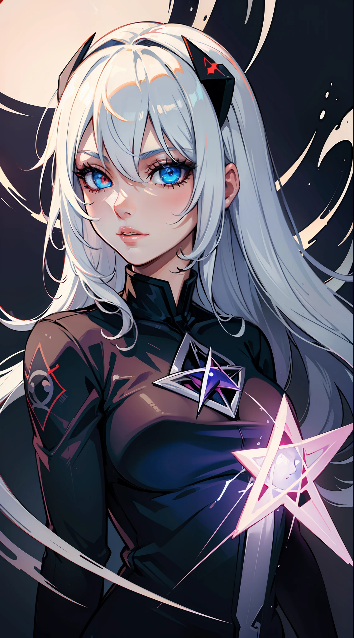 ((masterpiece)), ((ultra-detailed)), pixiv, best shadows, best lighting, best quality, cinematic shot, rim lightning, solo, abstract, 1girl, looking at viewer, black background, pentagram, bangs, blue eyes, white hair, portrait, heterochromia, hexagram, red eyes