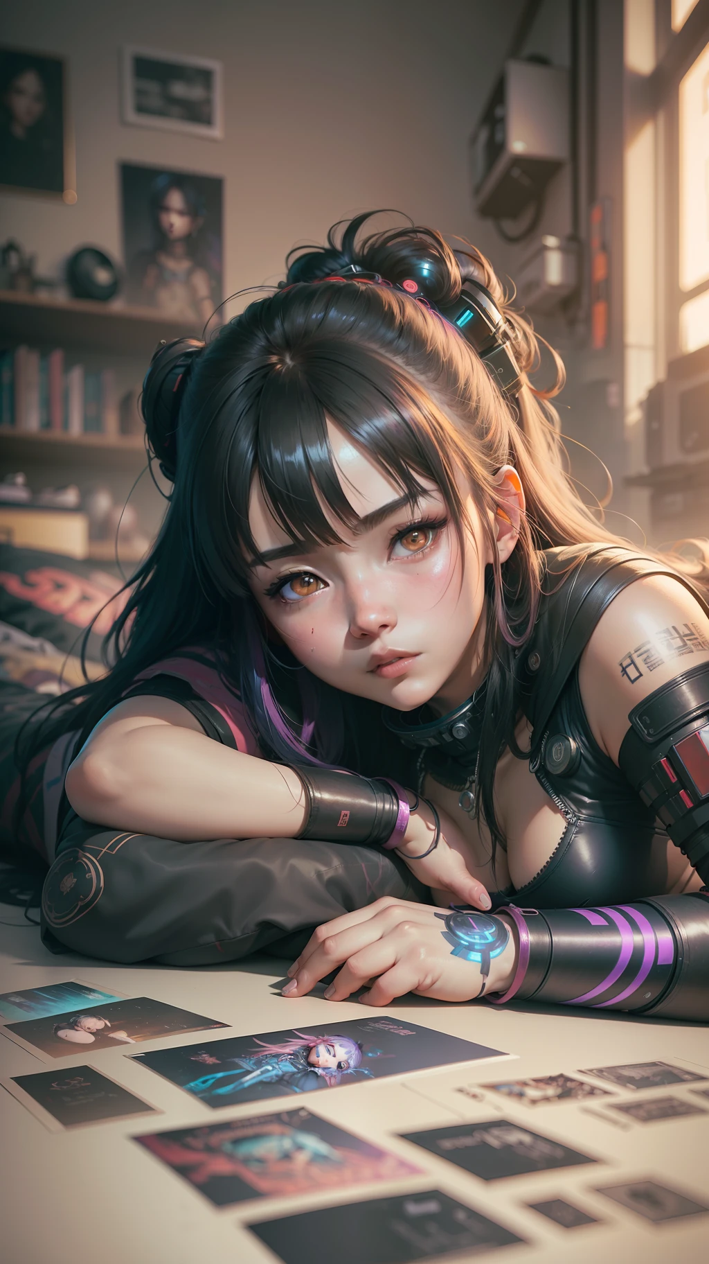 Beautiful hyperrealistic photograph of cute asian cyberpunk girl, lying on bed, wearing cyberpunk clothes, cluttered Blade Runner apartment, concept art, By Brian Froud and Carne Griffiths and Wadim Kashin and John William Waterhouse, intricate detail, 8k post-production, High resolution, super Detail, trending on ArtStation, sharp focus, studio photos, intricate detail