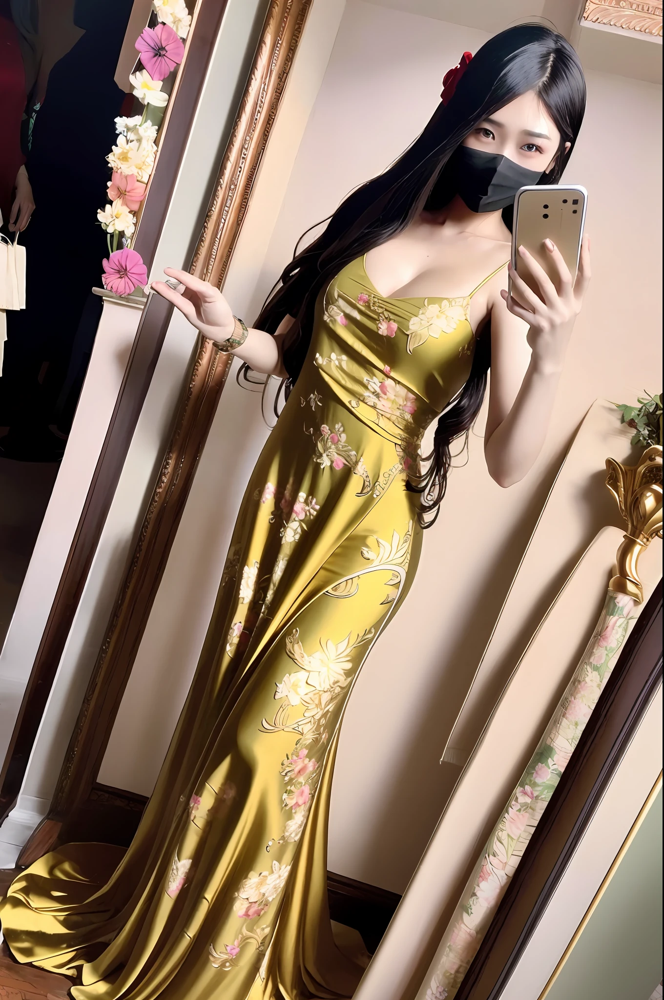 170 height Weight 90 Long hair Very good looks Wearing a mask Very tight Long-term work Very good figure Dressed. Long dress with large floral pattern.