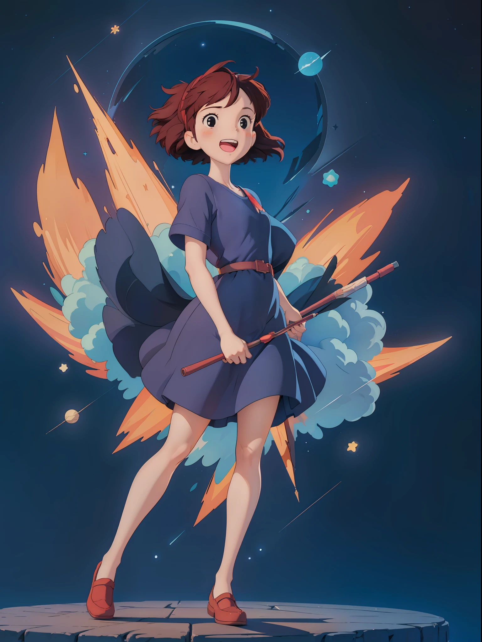 (masterpiece:1.2), (hig quality:1.2), 1girl, full body Kiki, happy, big red hairtie, dark blue short dress, surrounded by stars, high details, realistic, photography, white flat background, softfocus