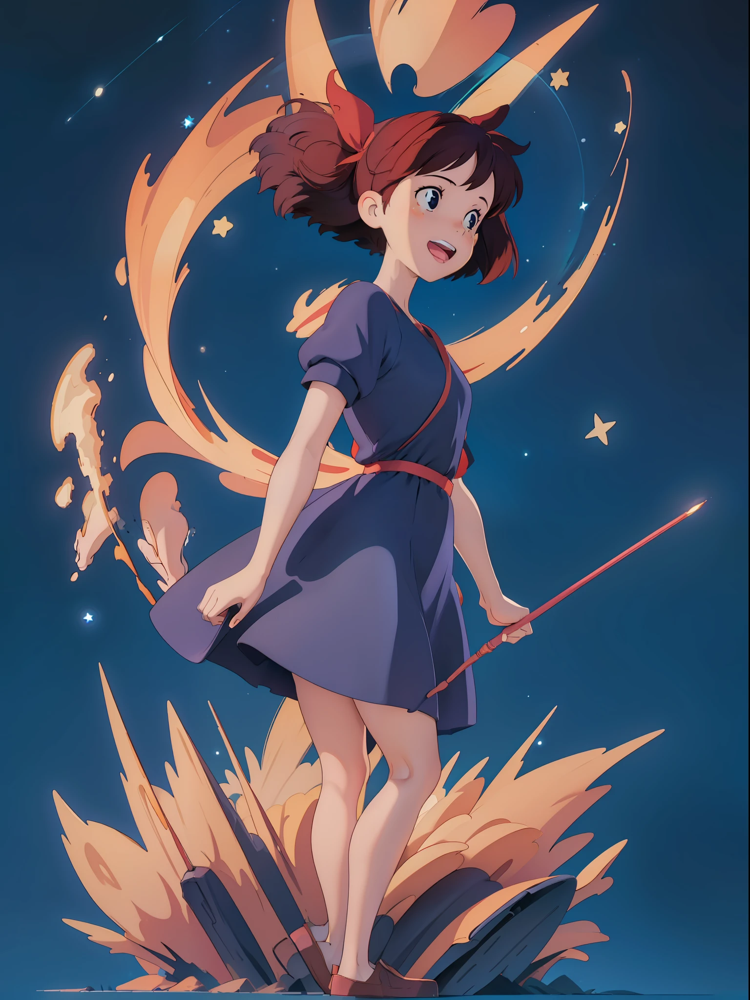 (masterpiece:1.2), (hig quality:1.2), 1girl, full body Kiki, happy, big red hairtie, dark blue short dress, surrounded by stars, high details, realistic, photography, white flat background, softfocus