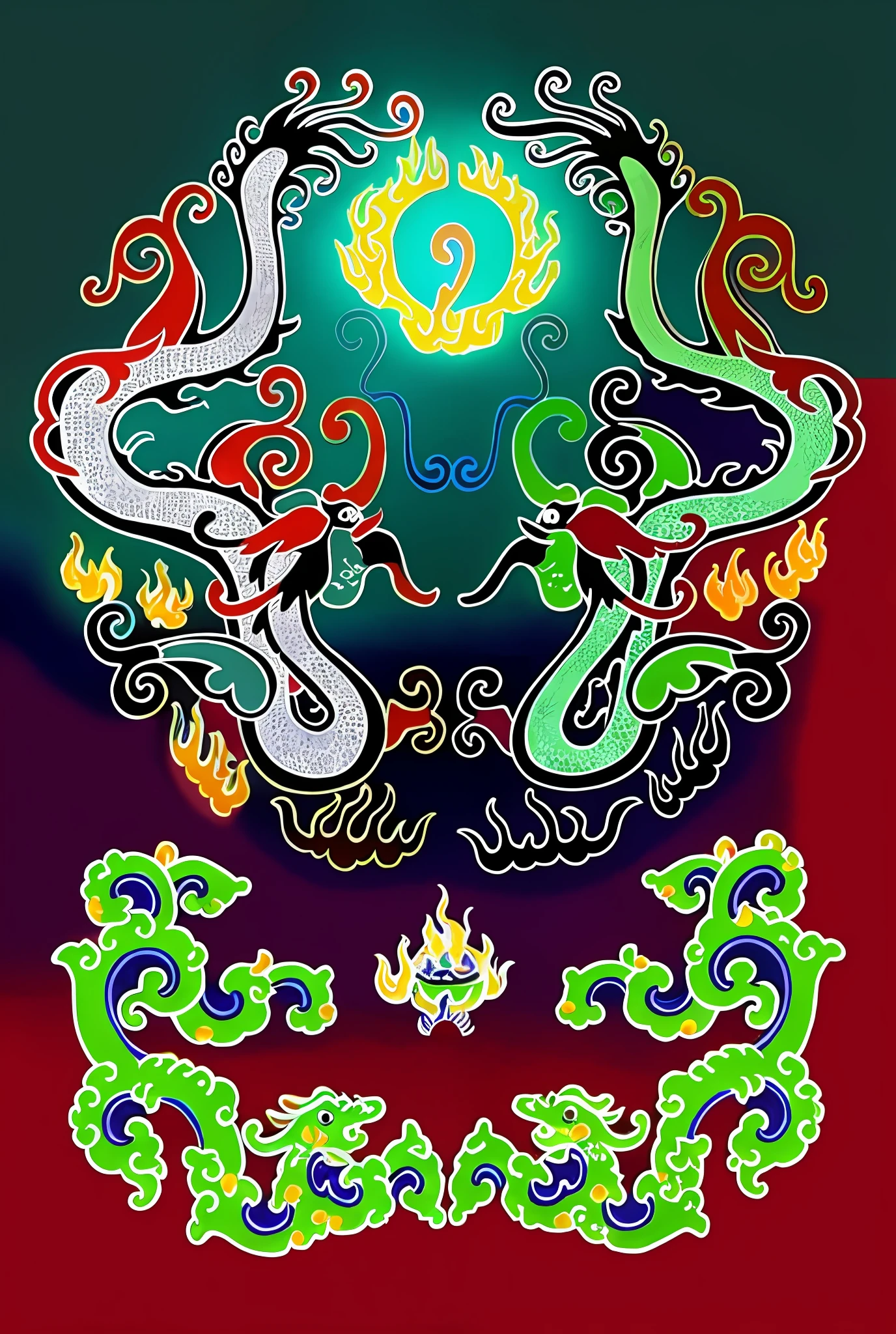 Close-up of dragons and dragons on fire clouds, flames, dragon balls, inspired by Katsushika Oi, inspired by Tanahara Tani Soda, inspired by Hidebun Tensho, bright colors,