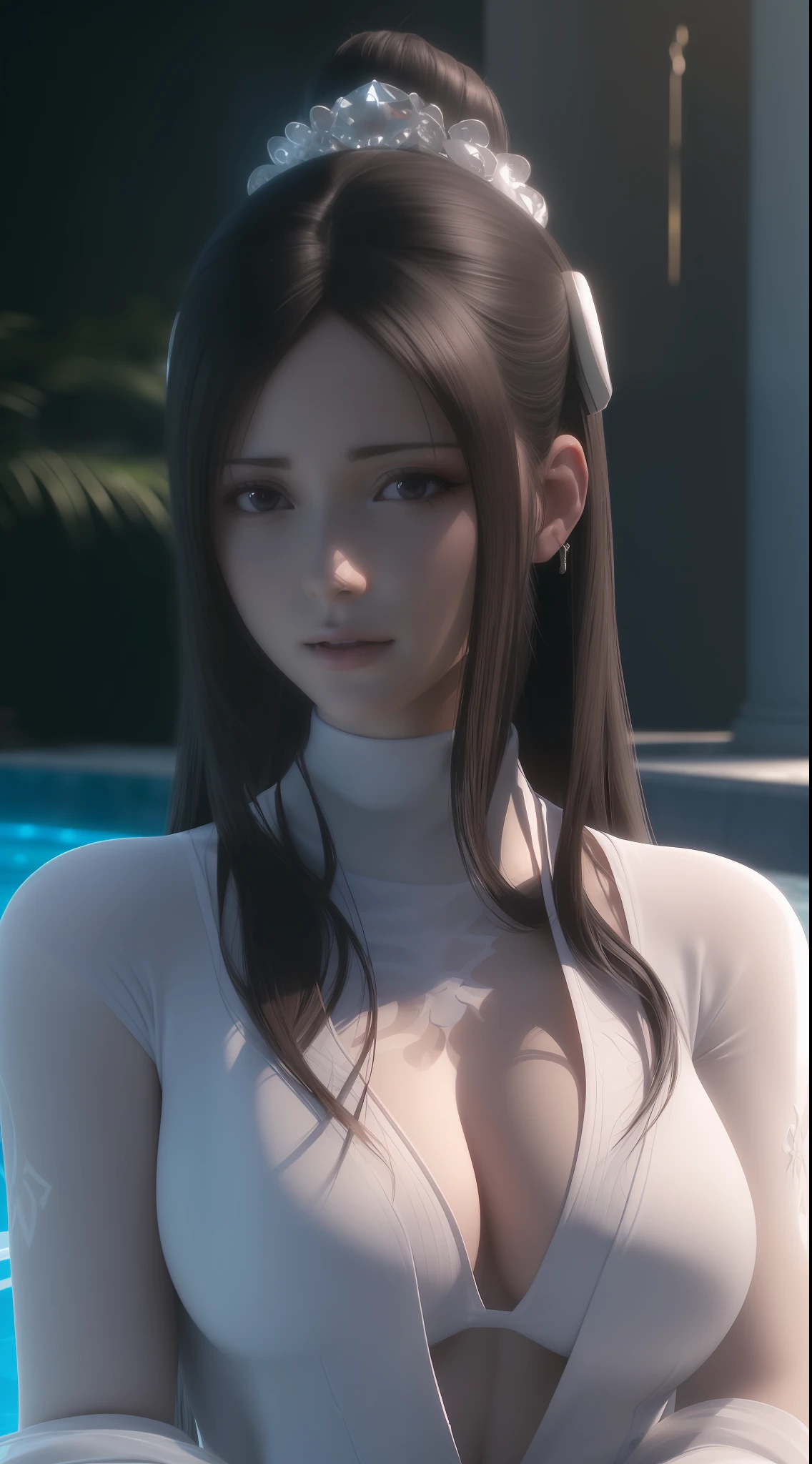 a close up of a woman in a white dress near a pool, seductive tifa lockhart portrait, smooth anime cg art, 3 d anime realistic, tifa lockhart, tifa, realistic anime 3 d style, tifa lockhart portrait, photorealistic anime girl render, 8k artgerm bokeh, portrait of tifa lockhart, photorealistic anime