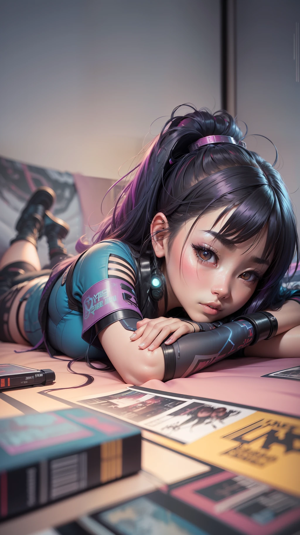 Beautiful hyperrealistic photograph of cute asian cyberpunk girl, (((lying down on bed))), wearing cyberpunk clothes, cluttered Blade Runner apartment, concept art, By Brian Froud and Carne Griffiths and Wadim Kashin and John William Waterhouse, intricate detail, 8k post-production, High resolution, super Detail, trending on ArtStation, sharp focus, studio photos, intricate detail