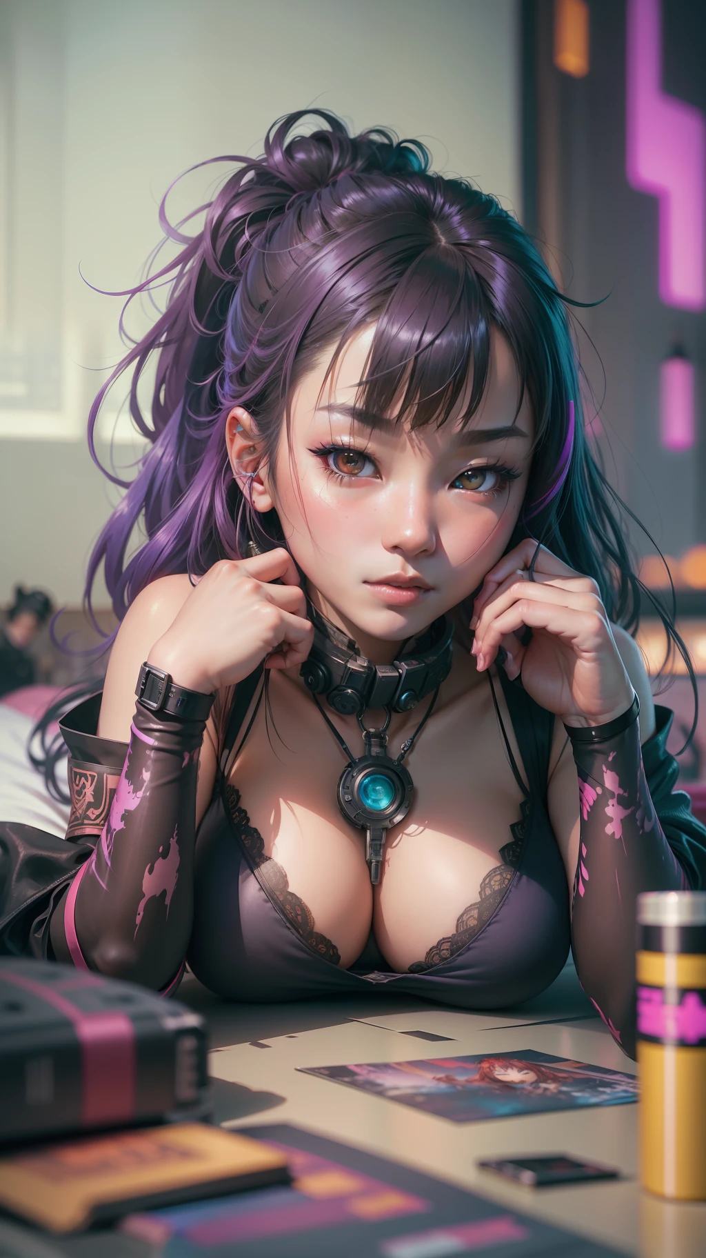 Beautiful hyperrealistic photograph of cute asian cyberpunk girl, (((lying down on bed))), wearing cyberpunk clothes, cluttered Blade Runner apartment, concept art, By Brian Froud and Carne Griffiths and Wadim Kashin and John William Waterhouse, intricate detail, 8k post-production, High resolution, super Detail, trending on ArtStation, sharp focus, studio photos, intricate detail