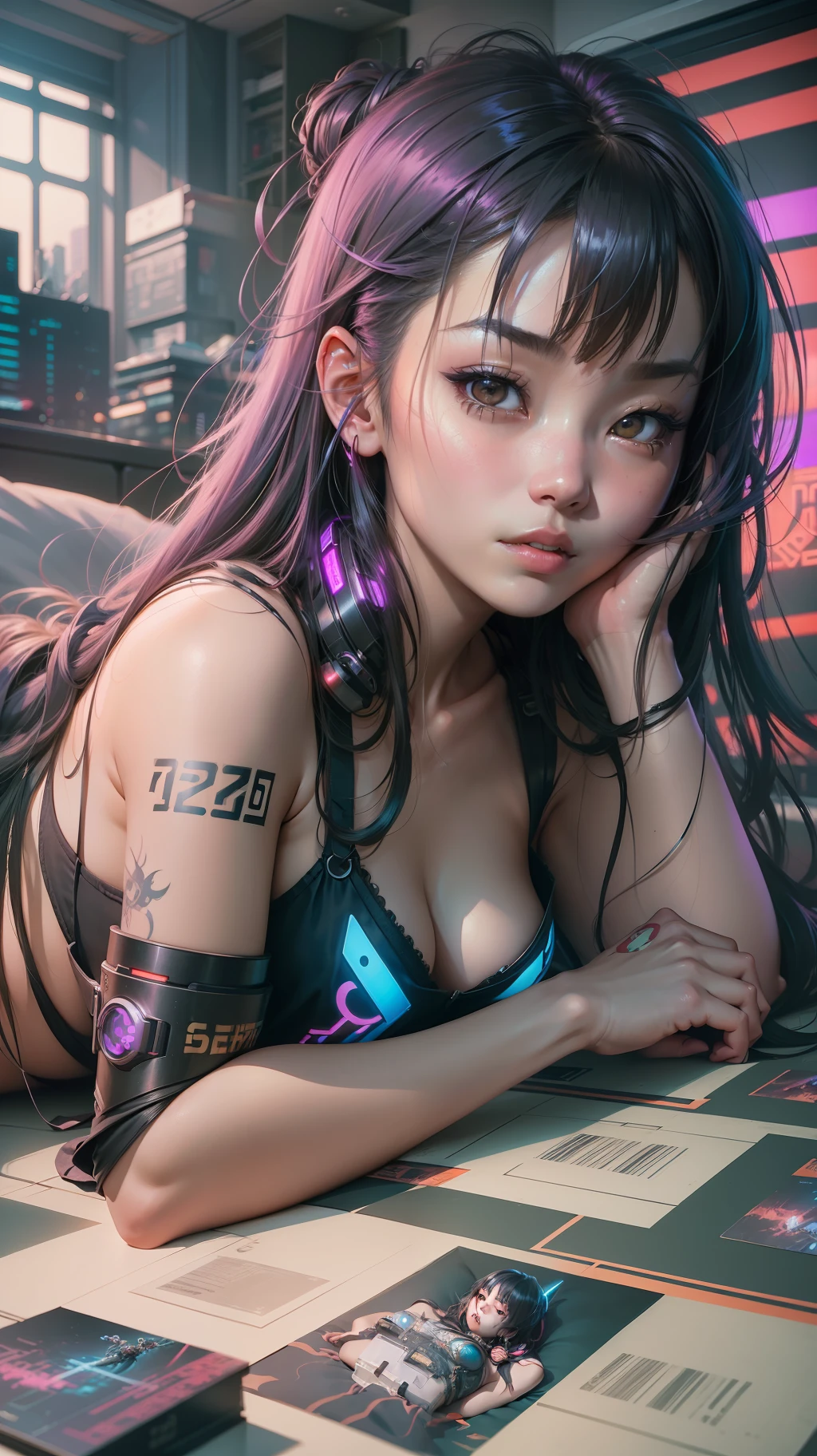 Beautiful hyperrealistic photograph of cute asian cyberpunk girl, (((lying down on bed))), wearing cyberpunk clothes, cluttered Blade Runner apartment, concept art, By Brian Froud and Carne Griffiths and Wadim Kashin and John William Waterhouse, intricate detail, 8k post-production, High resolution, super Detail, trending on ArtStation, sharp focus, studio photos, intricate detail