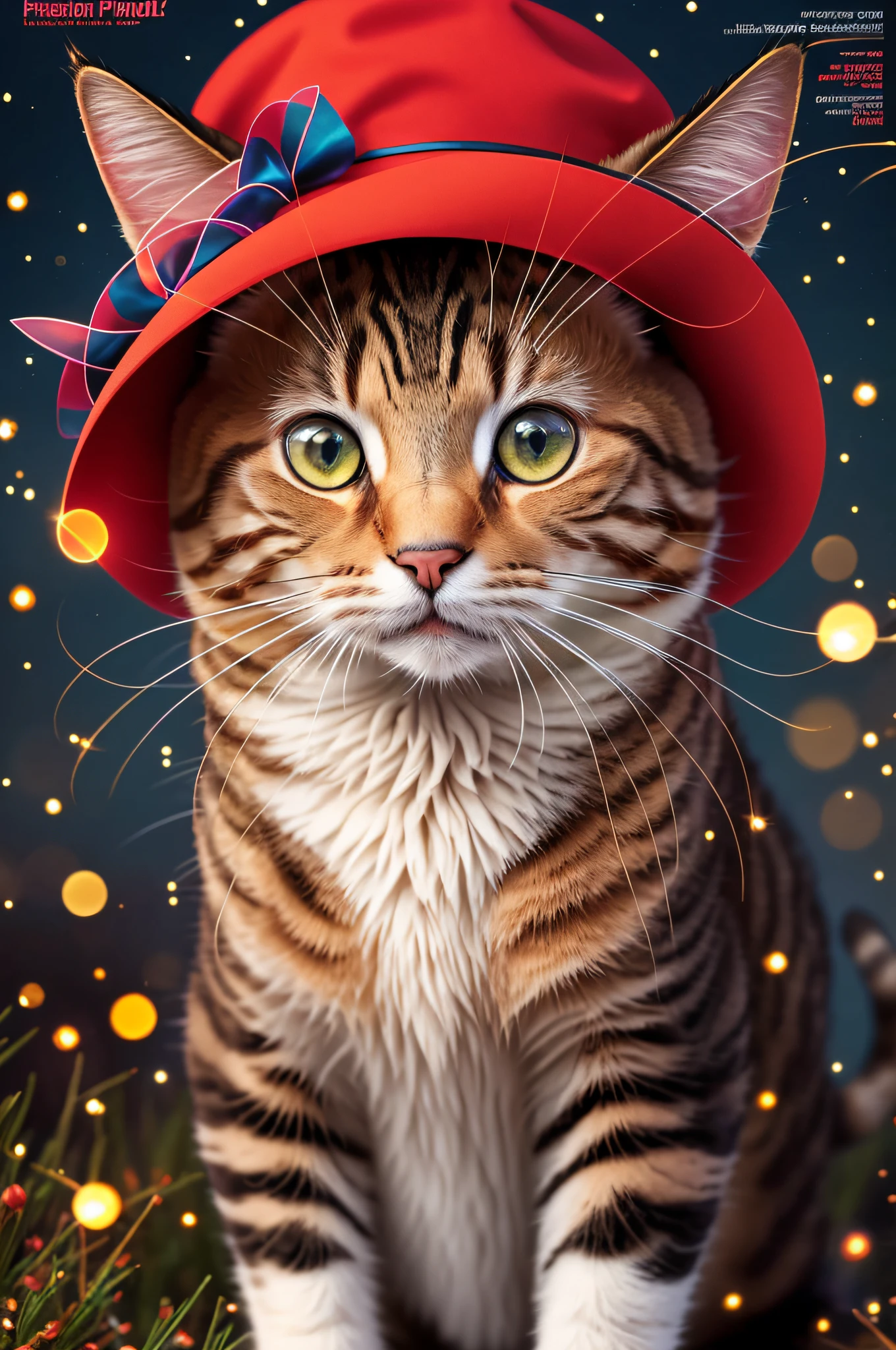 On the cover of the magazine there is one fashionable cat dressed in a red skirt and hat, colorful bokeh fireflies, outdoors, ((magazine cover)), the cover of a fashion magazine about animals, bright large inscriptions, close-up, best quality, masterpiece