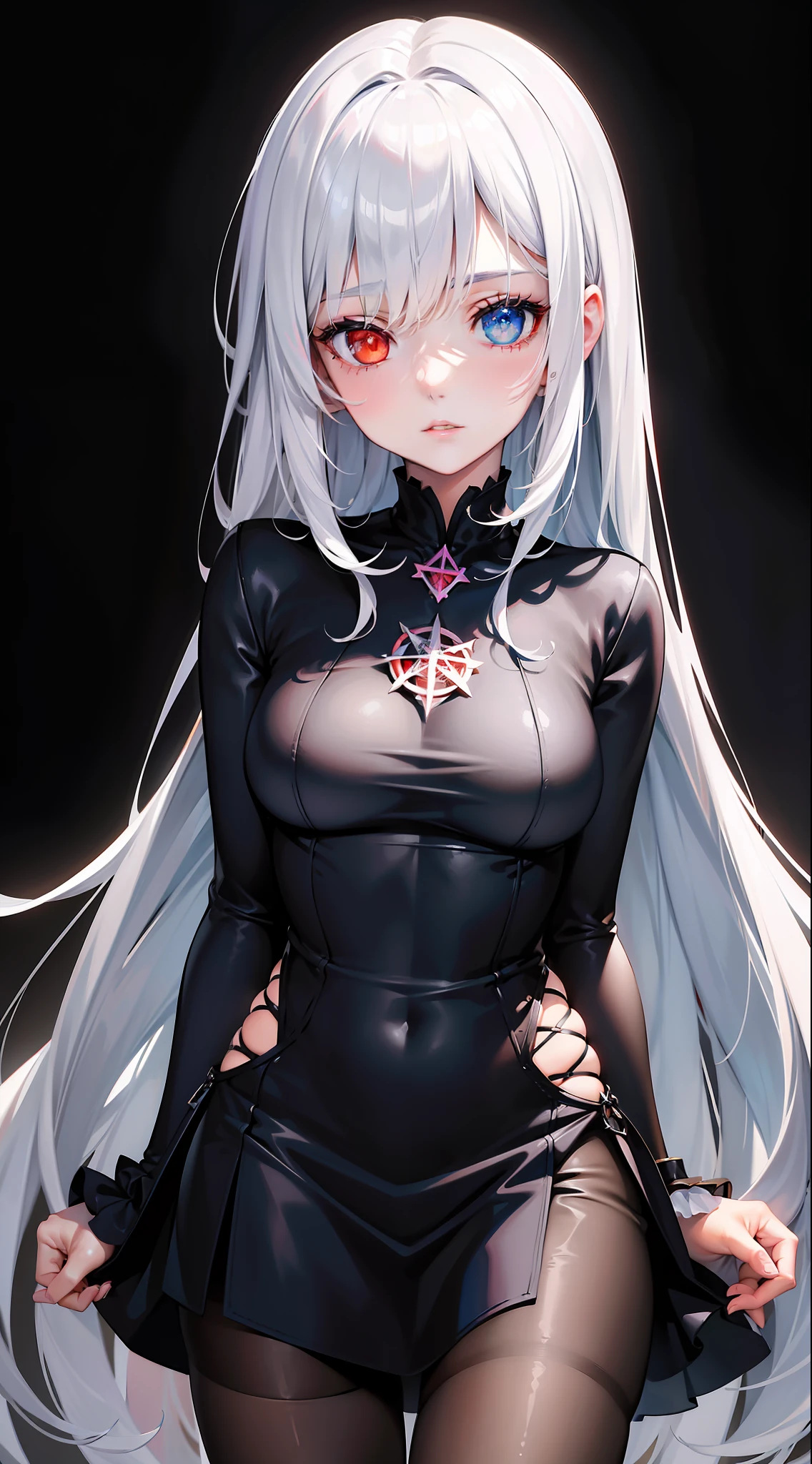 ((masterpiece)), ((ultra-detailed)), pixiv, best shadows, best lighting, best quality, cinematic shot, solo, abstract, 1girl, looking at the viewer, black background, pentagram, bangs, blue eyes, white hair, portrait, heterochromia, hexagram, red eyes