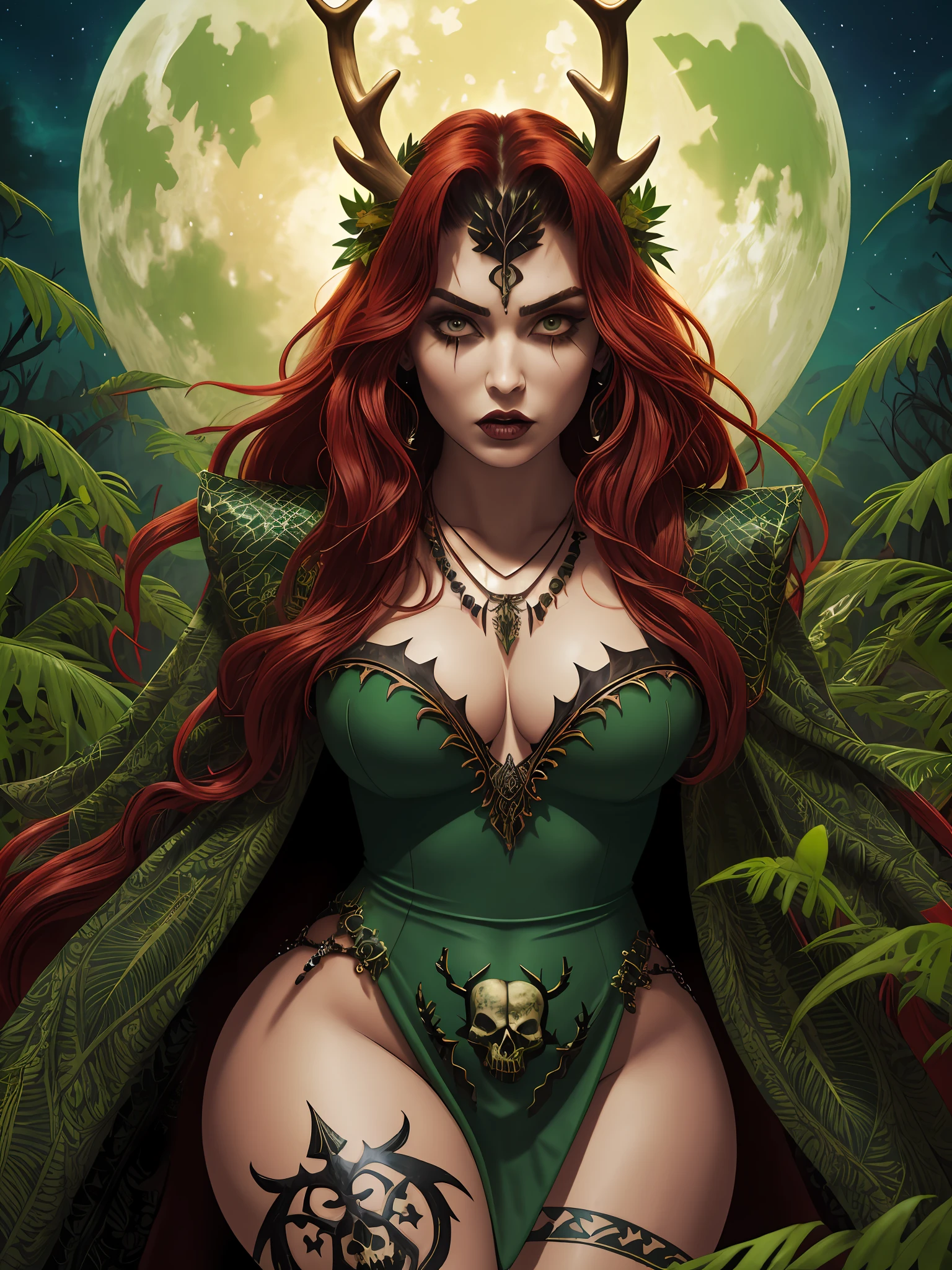(green skin:1.2), thick thighs, wide hips, 8k, huge resolution, cleavage focus, angry expression, (antlers:1.2), leaf dress, (plant girl:1.2), nighttime, red hair styled in loose waves, thick brows, bone tooth necklace, hide cloak, fur trim collar, tribal jewelry, tribal tattoos, skulls, (gothic style:1.2), (dark makeup:0.8), (moon in background:0.8), thorns,