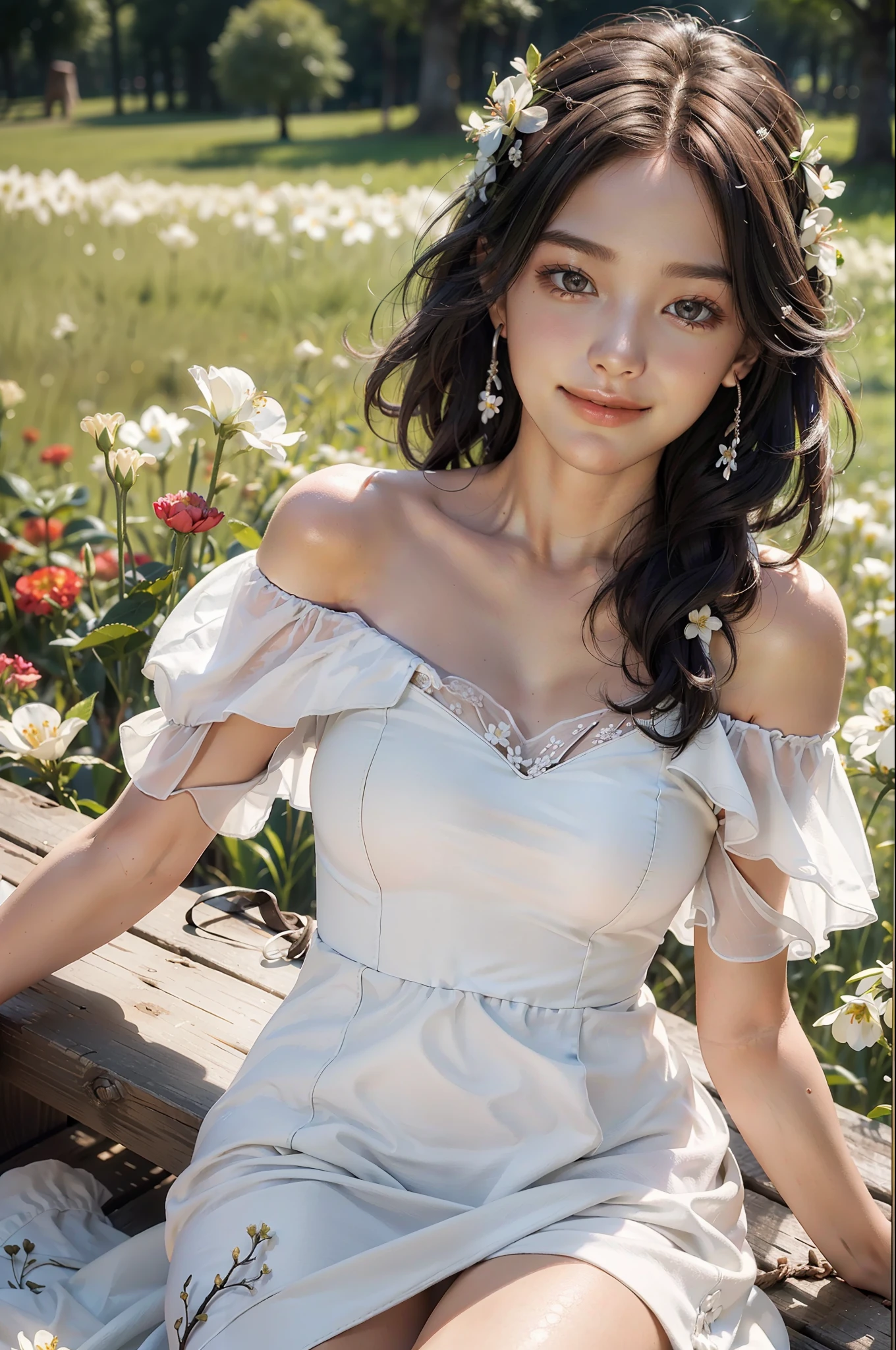 Best quality, masterpiece, ultra high res, (photorealistic:1.4), raw photo, 1girl, white dress, off shoulder, blossom flower field, glowing skin, light smile