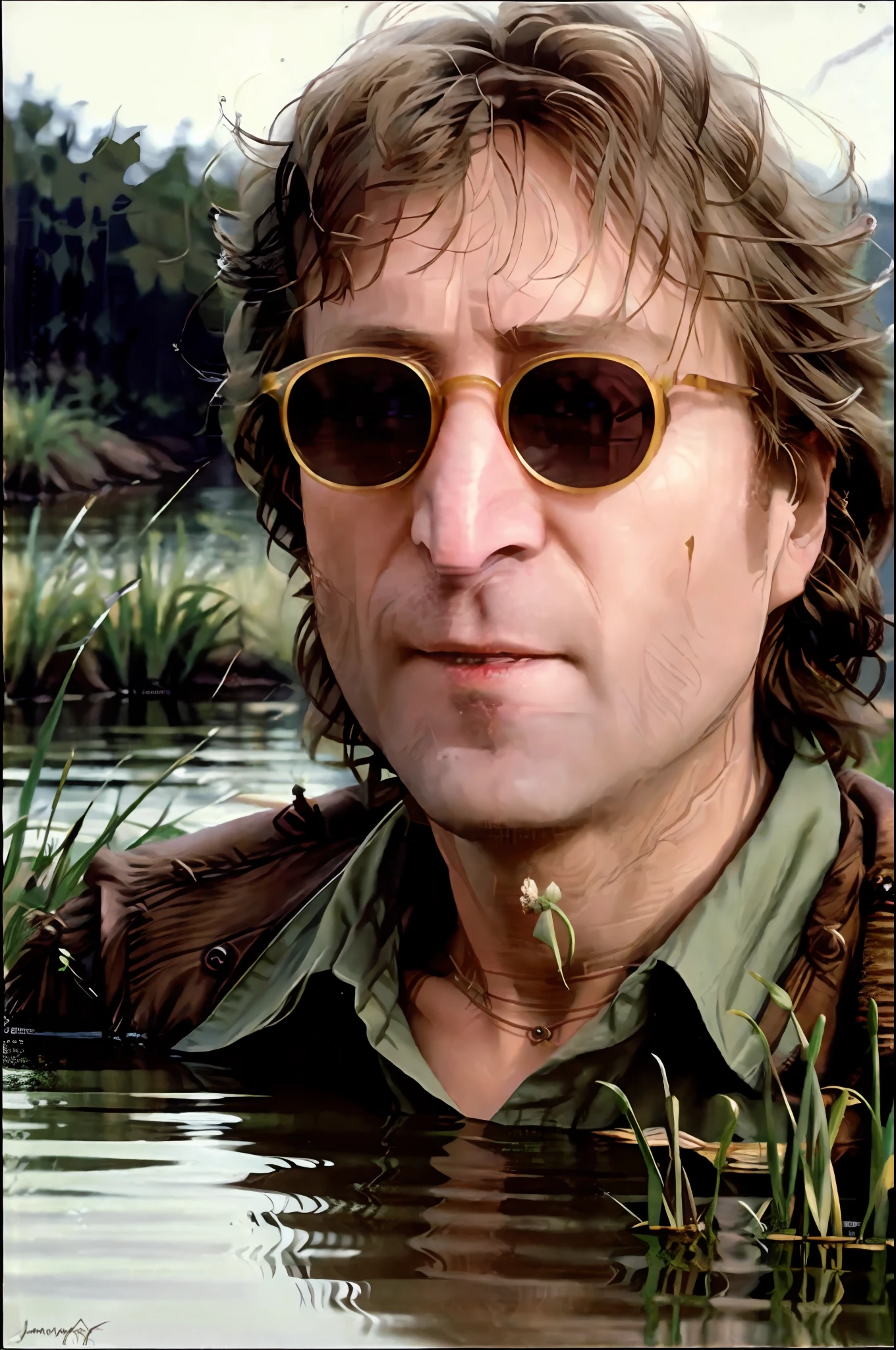 Close-up Portrait of a man (John Lennon) bathing in a river, reeds, (backlight), realistic, masterpiece, high quality, lens reflection, shadow, flower, [[chromatic aberration]], by Jeremy Lipking, by Antonio J. Manzanedo, digital painting,