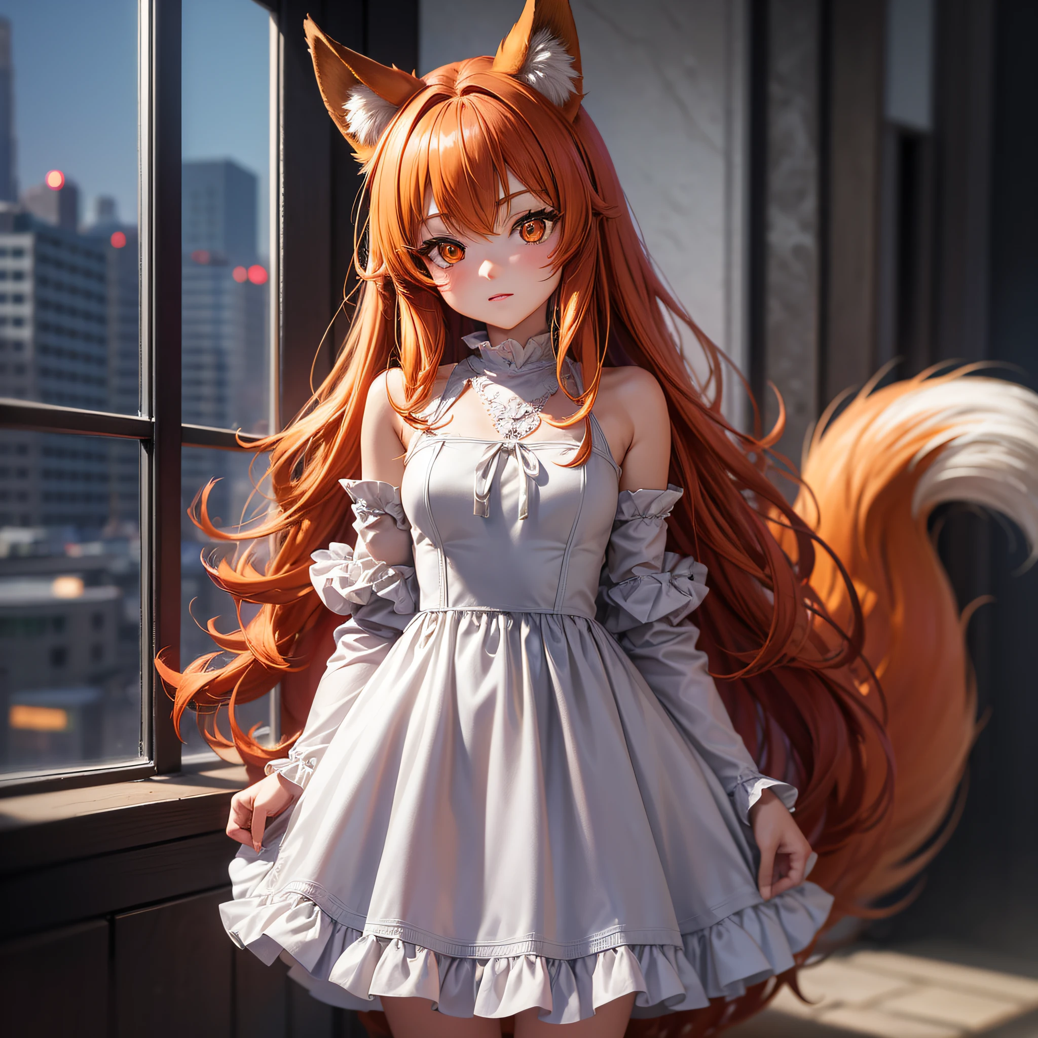 Absurd, masterpiece, high quality, highly detailed, 1girl, lifeland, fox girl, orange hair, short dress, standing, shoulders exposed, legs crossed, arms to shoulders, winter, manga style --auto --s2