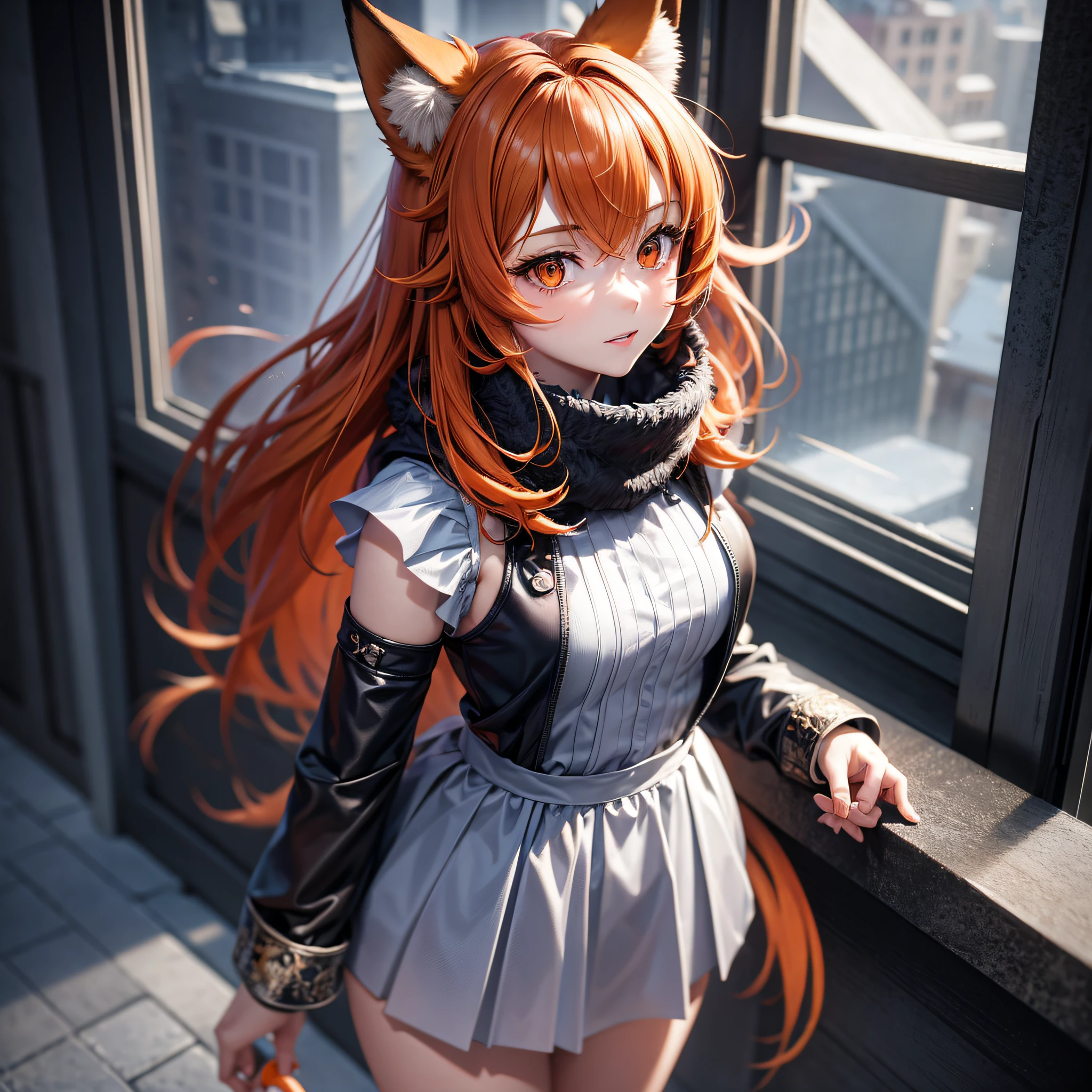 Absurd, masterpiece, high quality, highly detailed, 1girl, lifeland, fox girl, orange hair, short dress, standing, shoulders exposed, legs crossed, arms to shoulders, winter, manga style --auto --s2