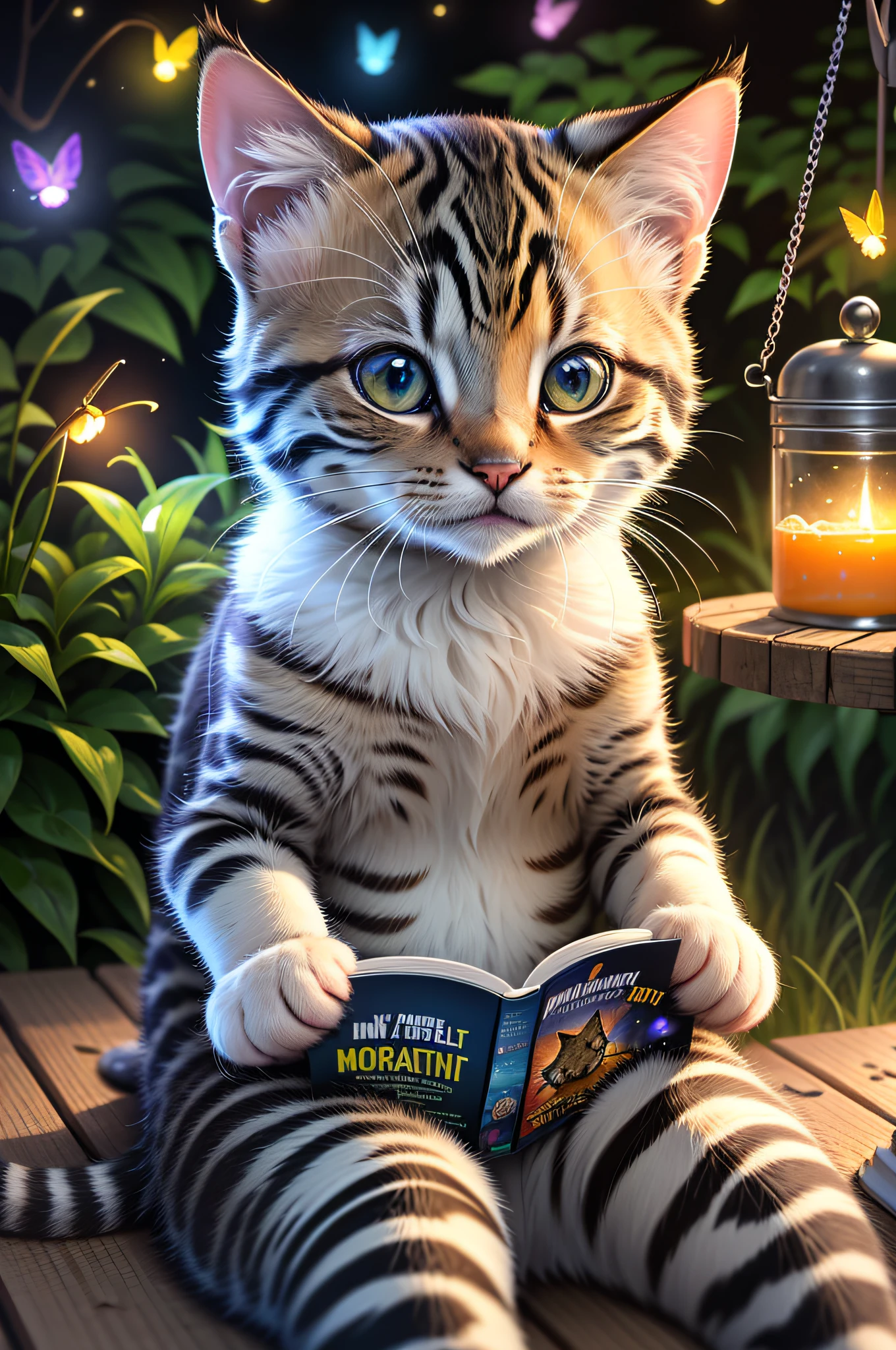 Masterpiece, best quality, there is one kitten reading a book, colorful fireflies, outdoors, magazine cover, animal magazine cover, bright headlines, close-up