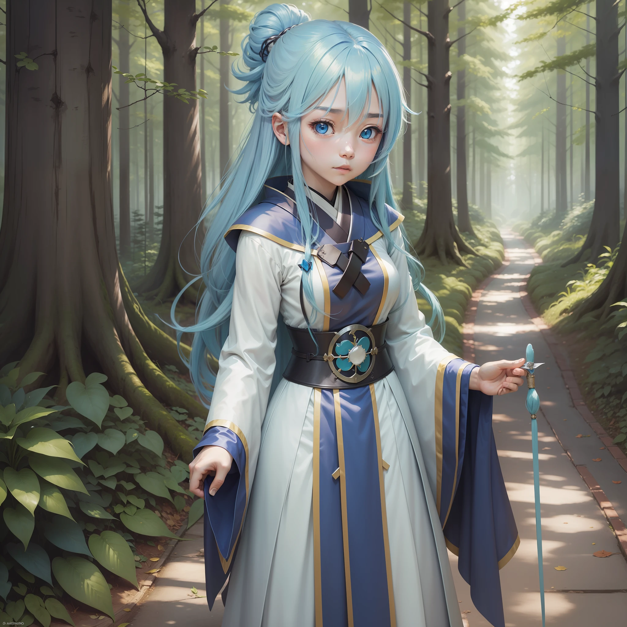 A Japanese girl from the Harry Potter series with blue eyes and long blue hair (aqua_konosuba) in a beautiful forest. --auto --s2