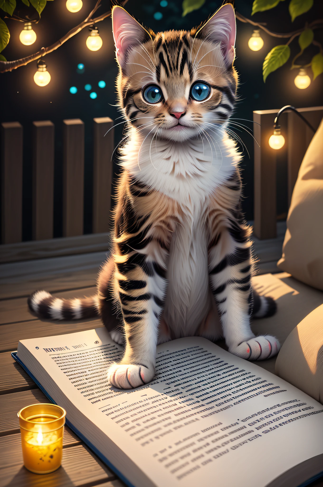 Masterpiece, best quality, there is one kitten reading a book, colorful fireflies, outdoors, magazine cover, animal magazine cover, bright headlines, close-up