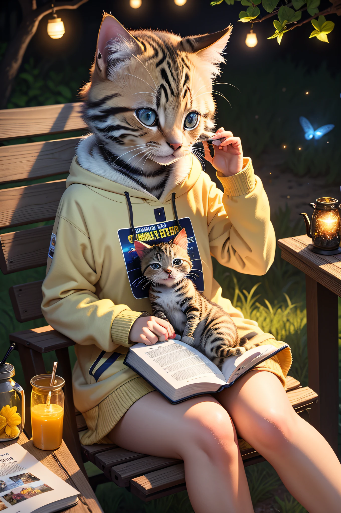 Masterpiece, best quality, there is one kitten reading a book, colorful fireflies, outdoors, magazine cover, animal magazine cover, bright headlines, close-up