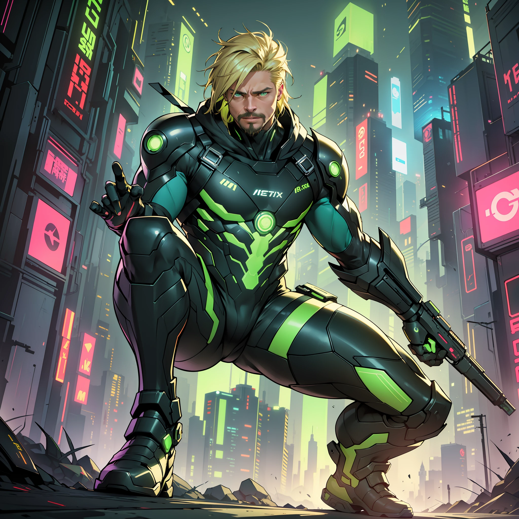 (Award-winning digital art: 1.3), (extremely detailed 8k wallpaper), cyberpunk superhero theme, (Sketch: 1.3),(Energetic:1.3), ArtStation,(Saturated:1.3), man, strong, wearing metallic green mantis symbiote armor, sharp focus, (subsurface scattering:1.1), award-winning photography, (Brad Pitt's face), full body photo:1.1, medium blonde hair, mustache and goatee, neon green eyes:1.2, (eye-catching:1.3), Cute, combat stance, serious expression, perfectly detailed eyes, studio lighting, dramatic lighting, themed background, futuristic cyberpunk background