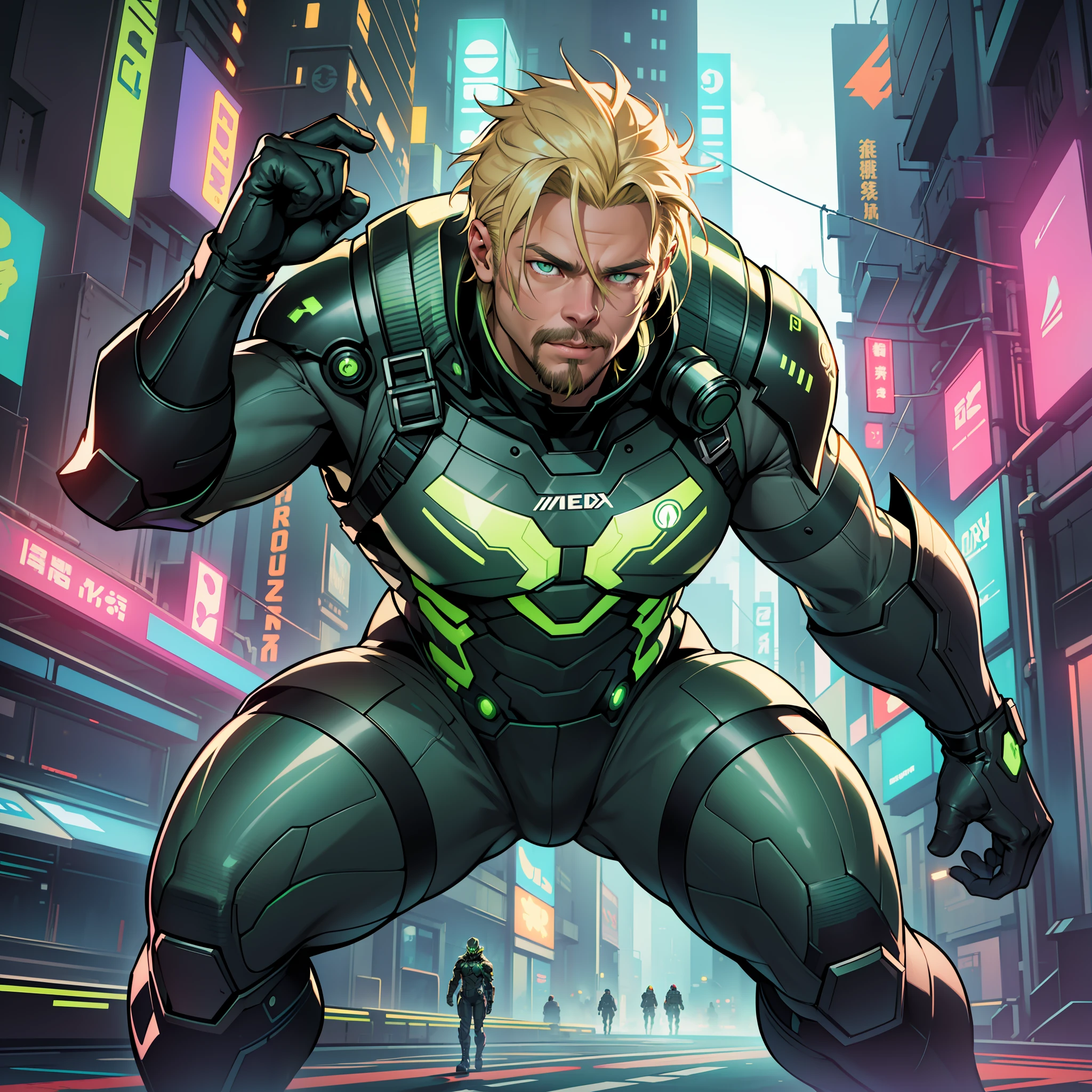 (Award-winning digital art: 1.3), (extremely detailed 8k wallpaper), cyberpunk superhero theme, (Sketch: 1.3),(Energetic:1.3), ArtStation,(Saturated:1.3), man, strong, wearing metallic green mantis symbiote armor, sharp focus, (subsurface scattering:1.1), award-winning photography, (Brad Pitt's face), full body photo:1.1, medium blonde hair, mustache and goatee, neon green eyes:1.2, (eye-catching:1.3), Cute, combat stance, serious expression, perfectly detailed eyes, studio lighting, dramatic lighting, themed background, futuristic cyberpunk background