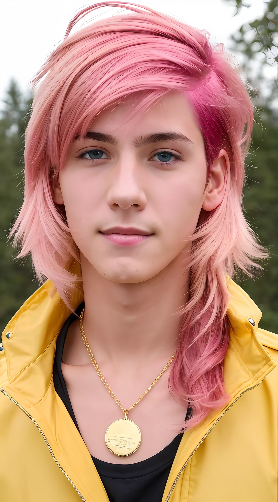 Arafed man with a yellow jacket and a gold necklace, about 16 years, 15 years, 1 6 years, profile picture, tommy 1 6 years, 15 - year - boy skinny face, headshot profile picture, profile picture, he is about 15 years old, he is about 15 years old, (( pink hair: 1.5)), ((smiling: 1.9)), ((sharp blue eye: 1.9))