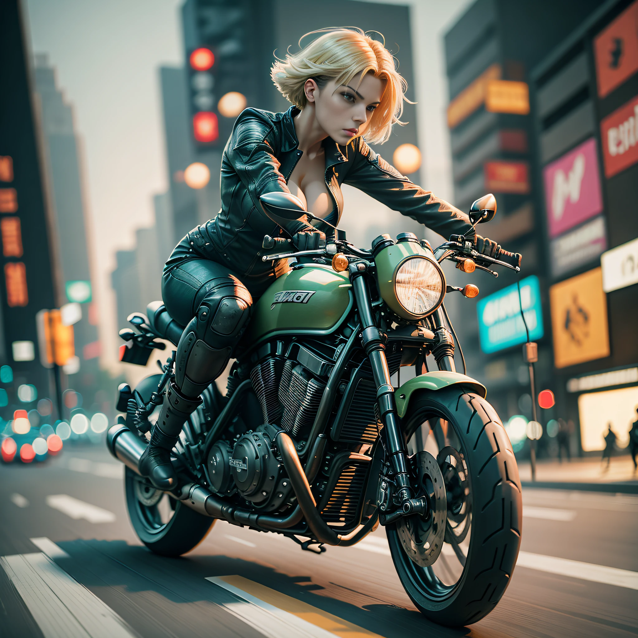 woman riding a motorcycle in a high speed chase, cyber punk, colorful lights on motorcycle, blonde short bob, green eyes, cleavage, long limbs, wearing tight fit red and black clothing , motion blur virtual effect, driving motor cycle fast down a city street at night, dramatic action scene, dark and tense, suspenseful, photo-realistic, dramatic lighting, cinematic, film grain, 4 k resolution, masterpiece, high resolution