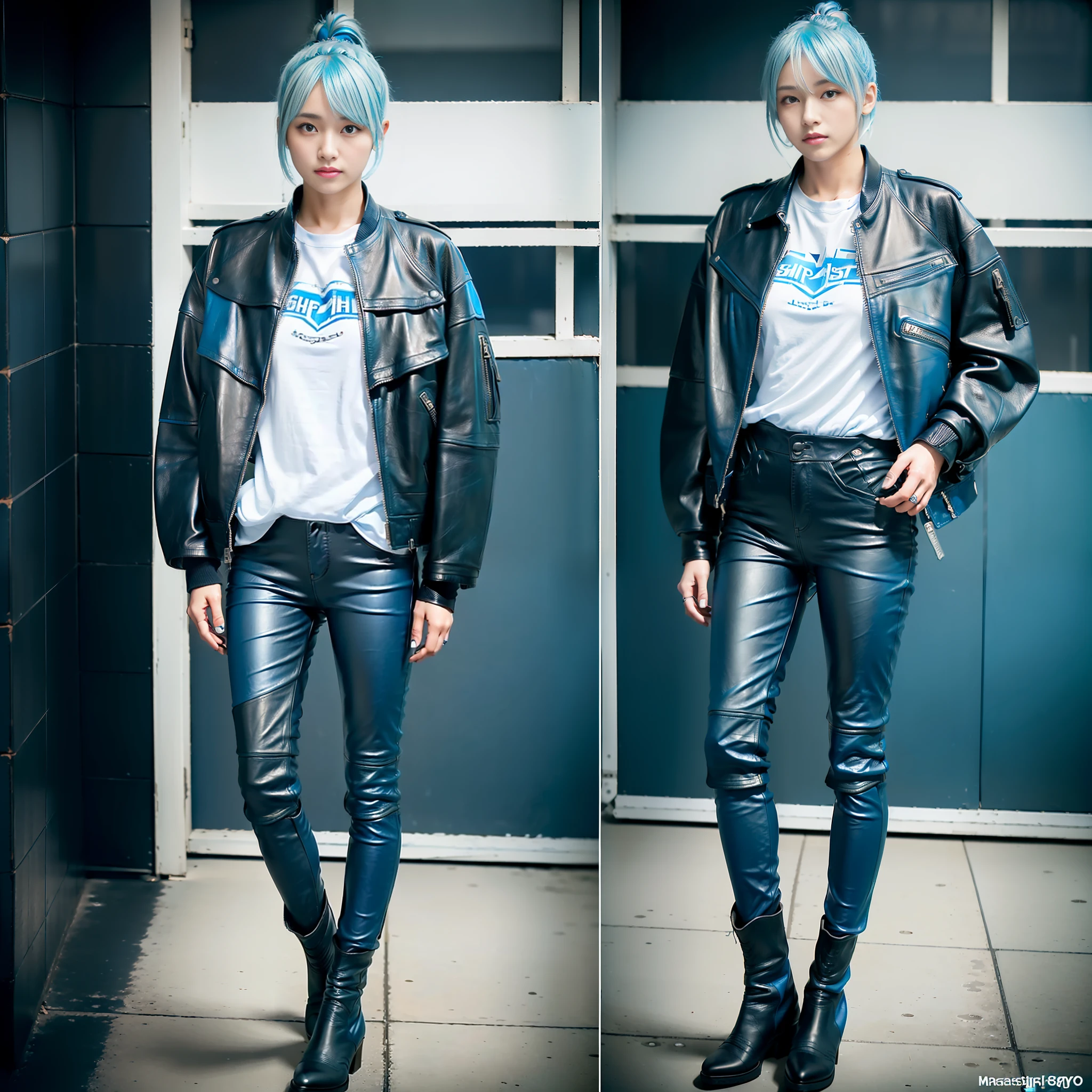 (((Masterpiece)))), (((highest quality)))), ((Real)), ((8K)), (Japan female), 18 years old, (((boyish)), ((tall))), (Big))))), looking at the camera, (portrait))), (all light blue)))), (light blue hair))), (shortcut), ((riders jacket)), (((leather pants)), ( Leather boots)