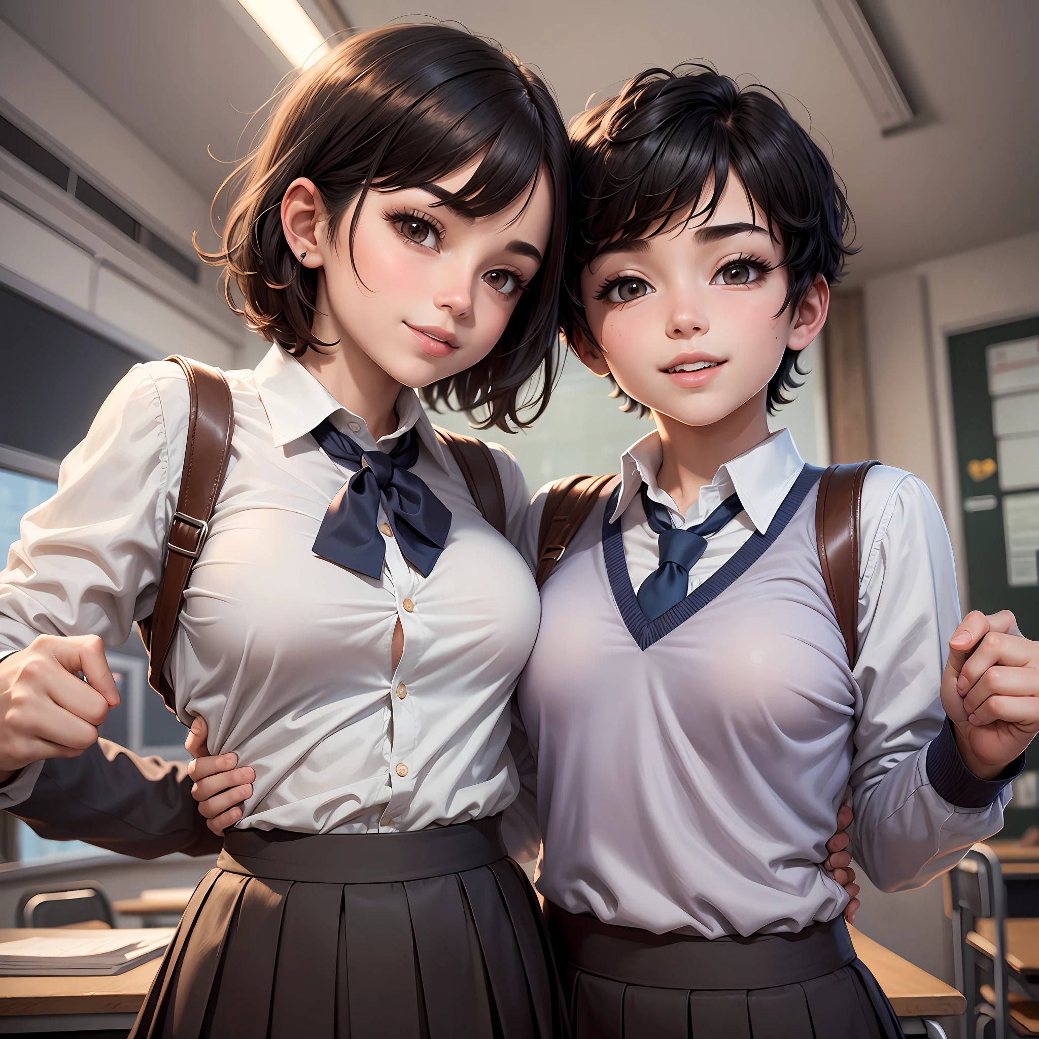 masterpiece, best quality, boy: 1.3), (boy grabbing breast: 1.1), 1woman . (school uniform:1.2), short black hair,brown eyes,(classroom:0.8), (sunset:0.7),(medium breasts:1.4), (sarcastic smile:1), boy biting breasts, woman looking away, --auto --s2
