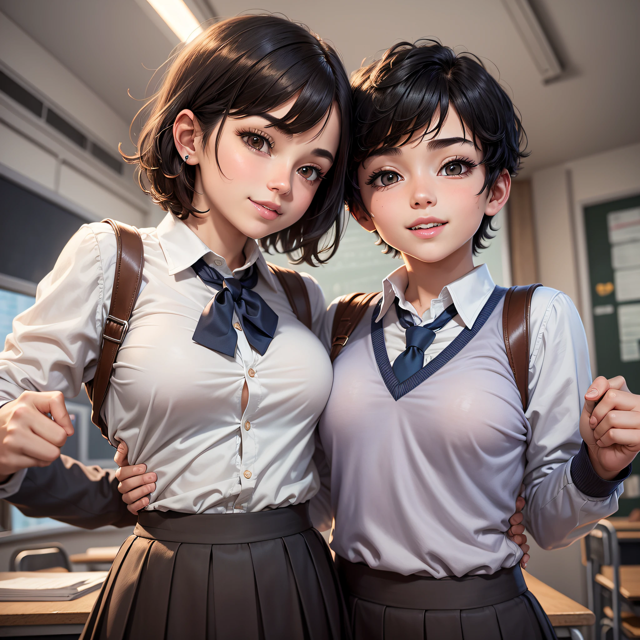 masterpiece, best quality, boy: 1.3), (boy grabbing breast: 1.1), 1woman . (school uniform:1.2), short black hair,brown eyes,(classroom:0.8), (sunset:0.7),(medium breasts:1.4), (sarcastic smile:1), boy biting breasts, woman looking away, --auto --s2